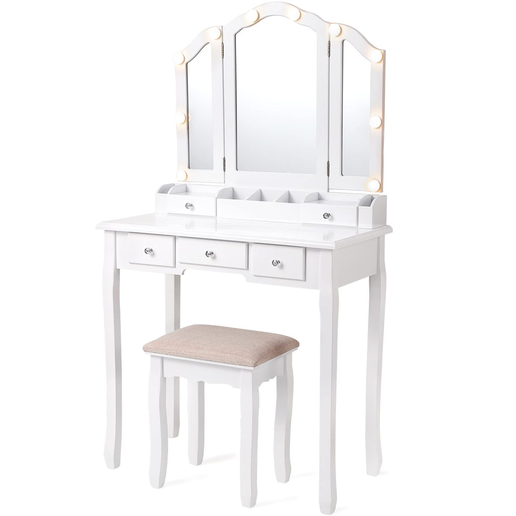 White Makeup Vanity Desk with Mirror and Chair Y686780