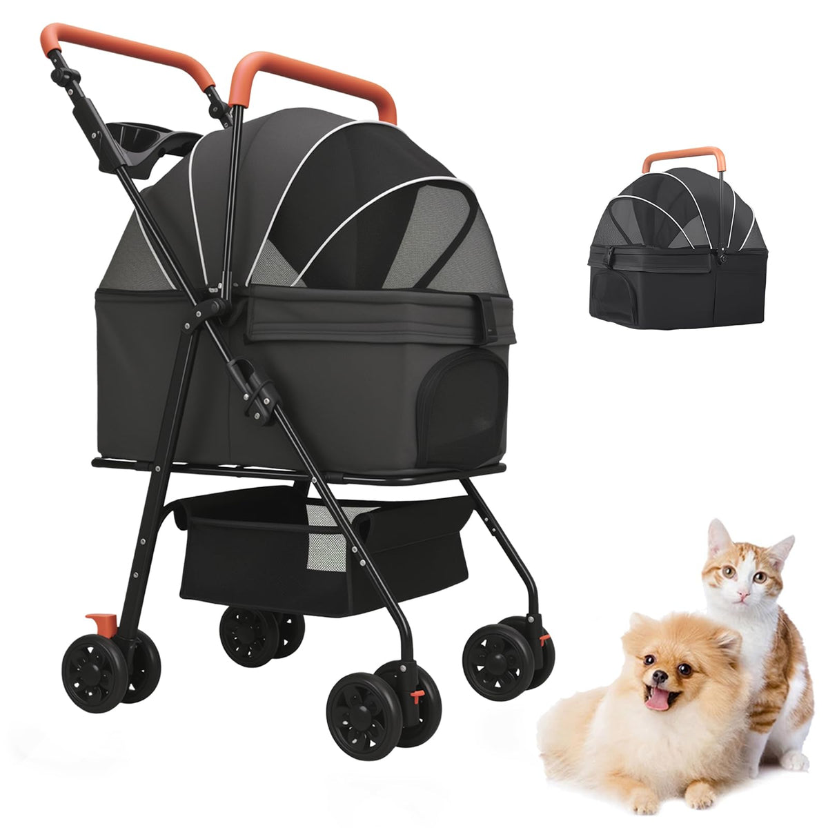 Black Foldable Pet Stroller with Storage Basket K645