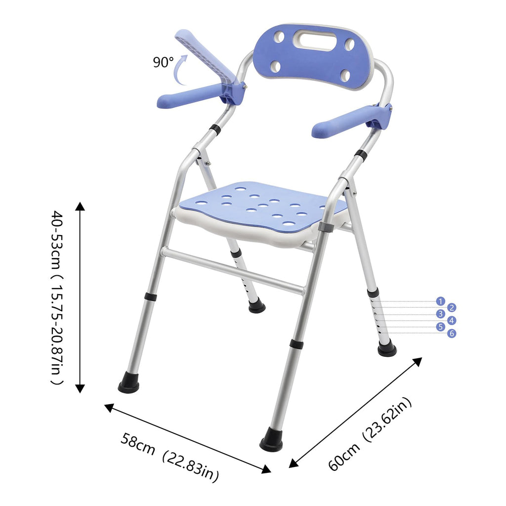 Folding Shower Seat with Arms and Back, Height Adjustable Non-Slip Bath Bench, 330lbs Capacity, Blue H2073