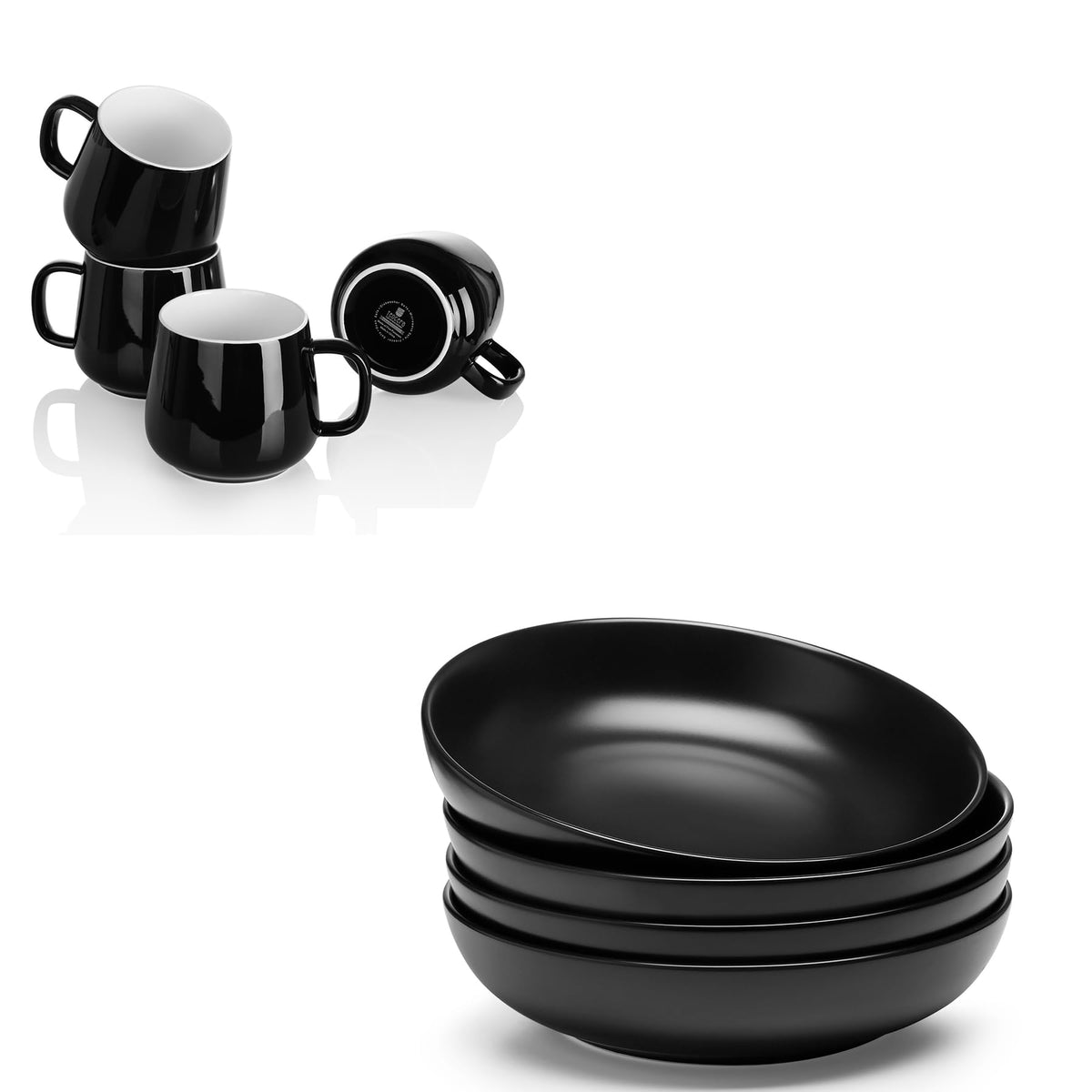 Black Pasta Bowls Set of 4 and Coffee Mugs Set of 4 X308215