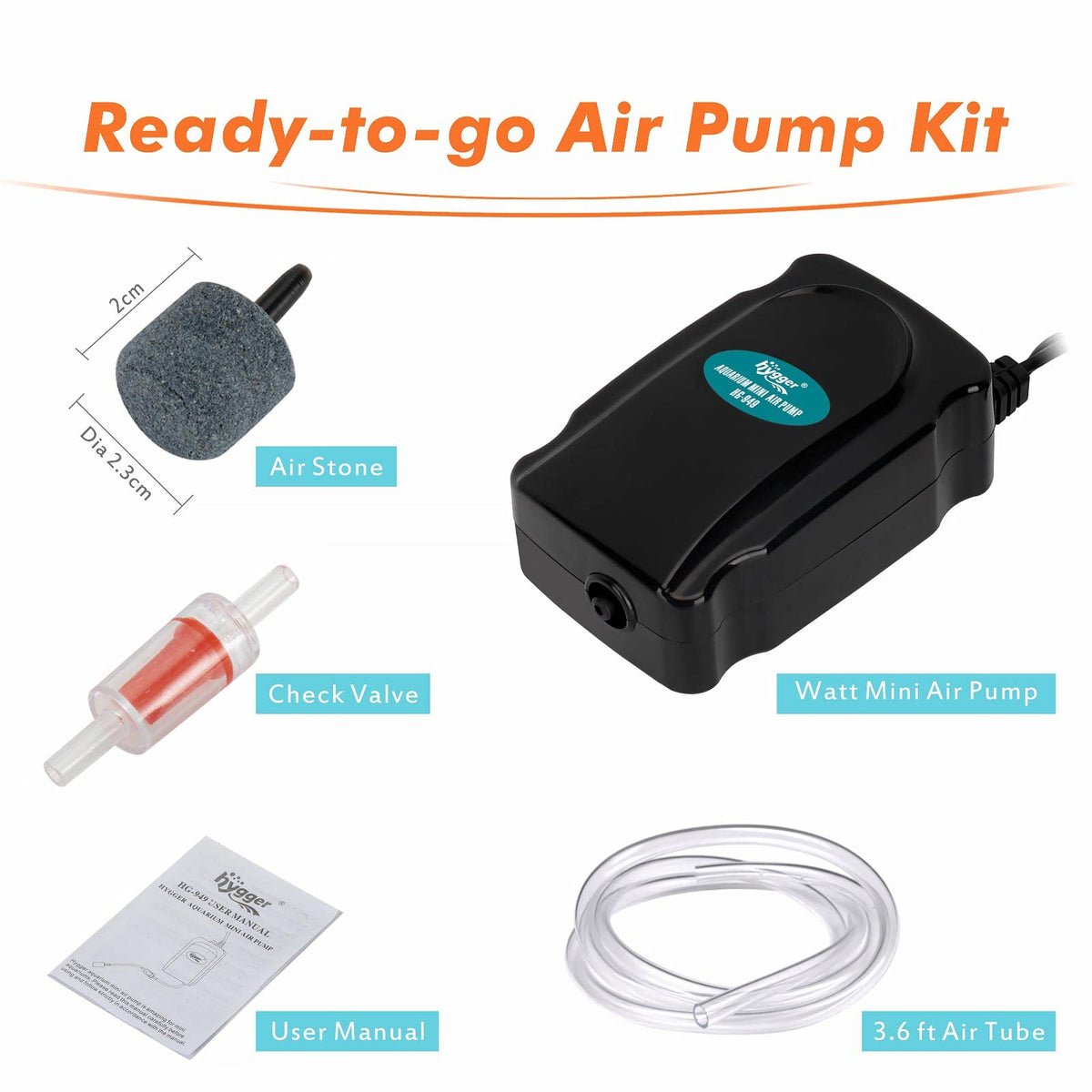 Mini Aquarium Air Pump Kit 1W for 2-20 Gallon Fish Tank with Air Tube Y30605