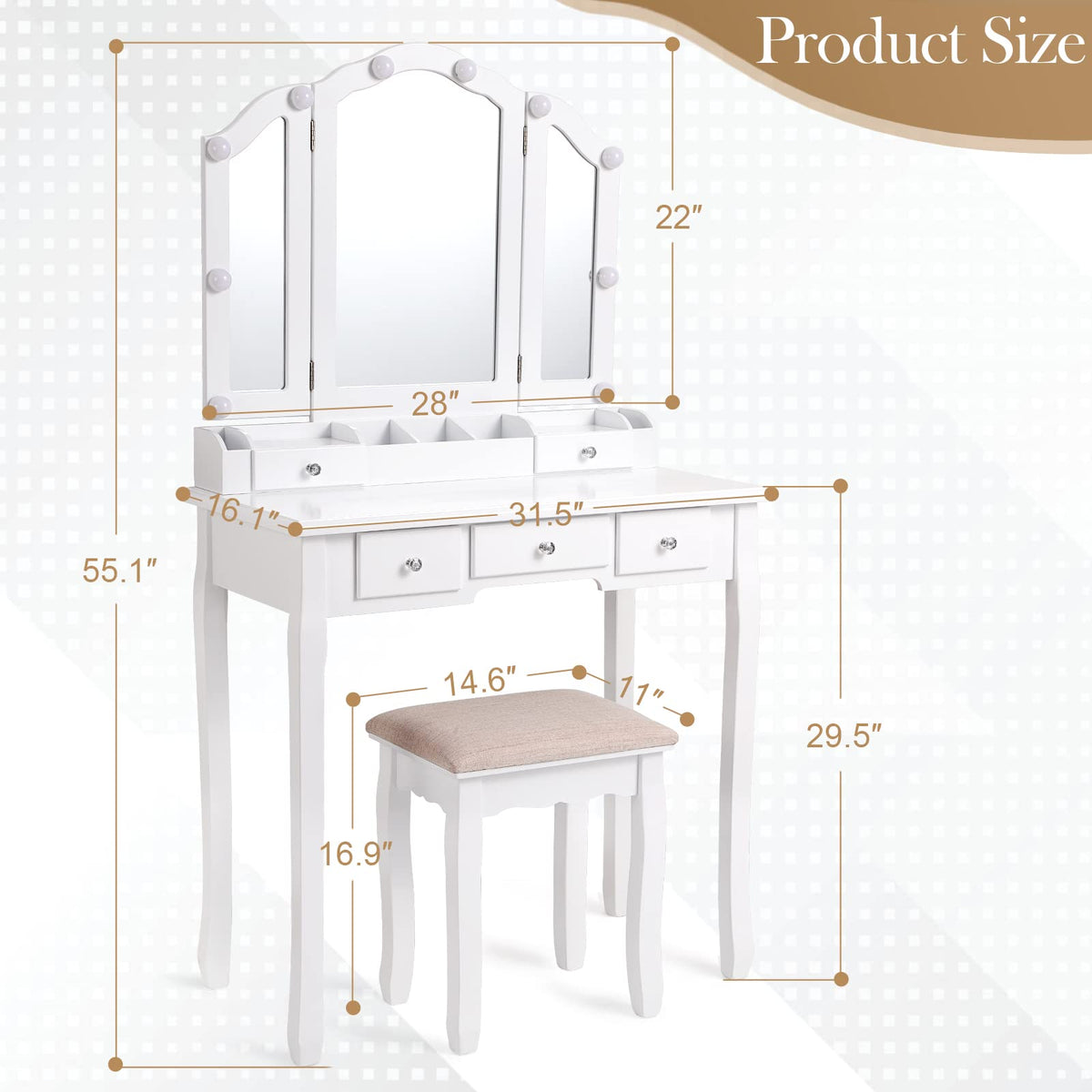 White Makeup Vanity Desk with Mirror and Chair Y686780