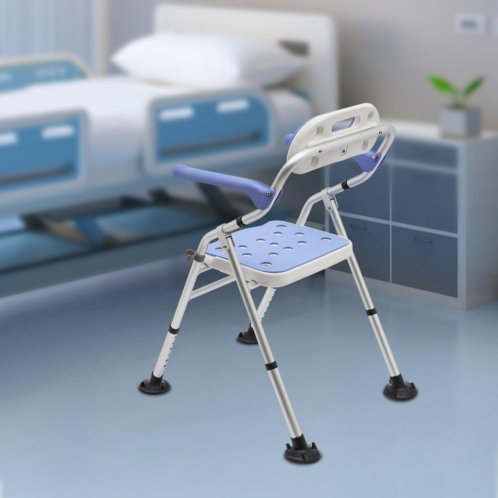 Folding Shower Seat with Arms and Back, Height Adjustable Non-Slip Bath Bench, 330lbs Capacity, Blue H2073