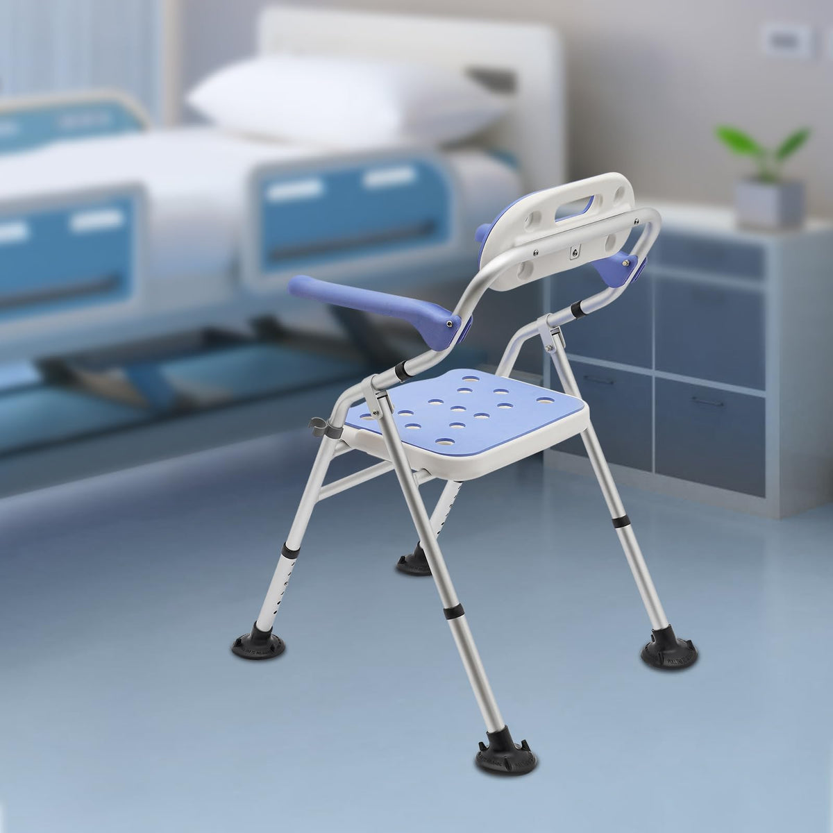 Folding Shower Seat with Arms and Back, Height Adjustable Non-Slip Bath Bench, 330lbs Capacity, Blue H2073