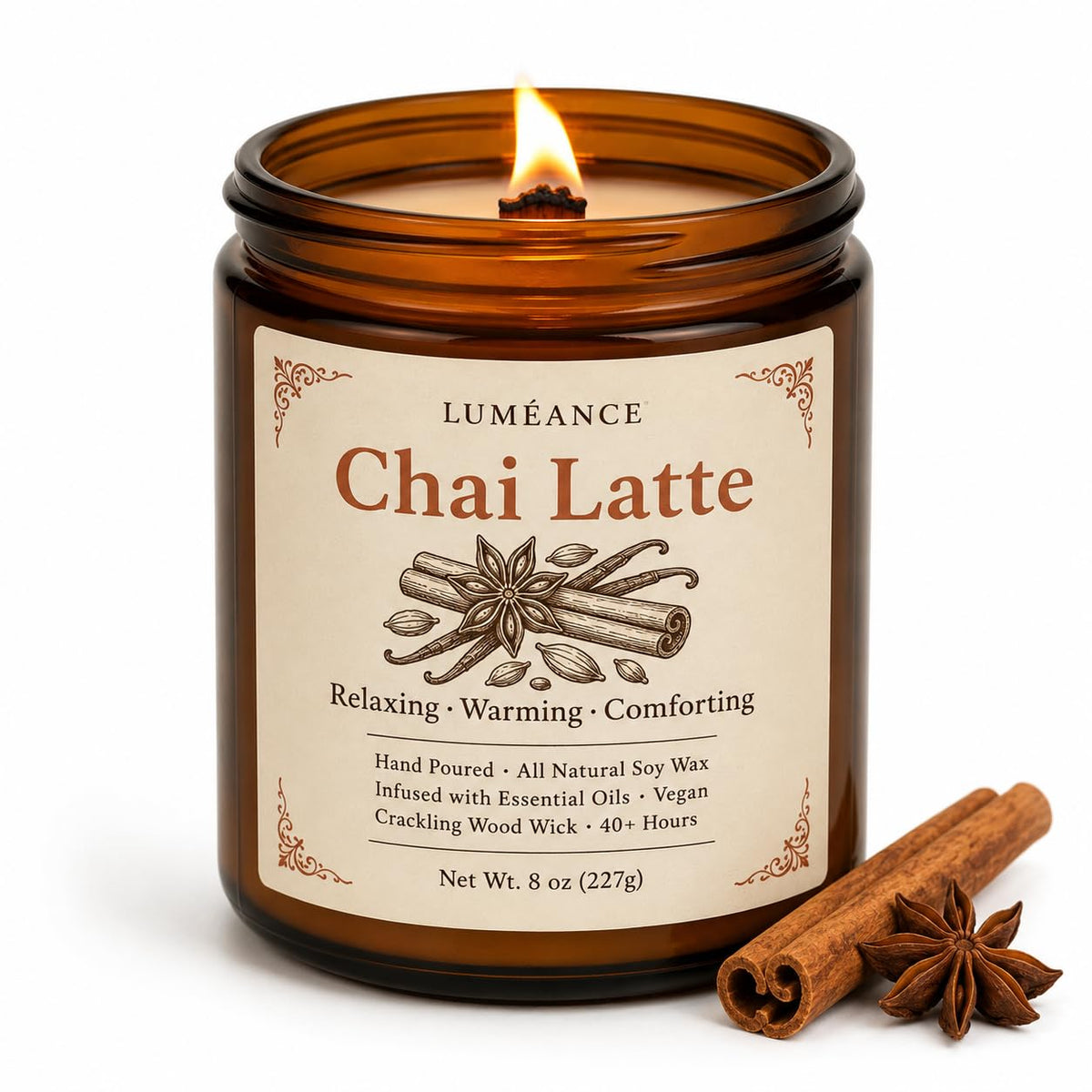 Chai Latte Scented Candle, 8 oz, Soy Wax, Crackling Wood Wick R604685