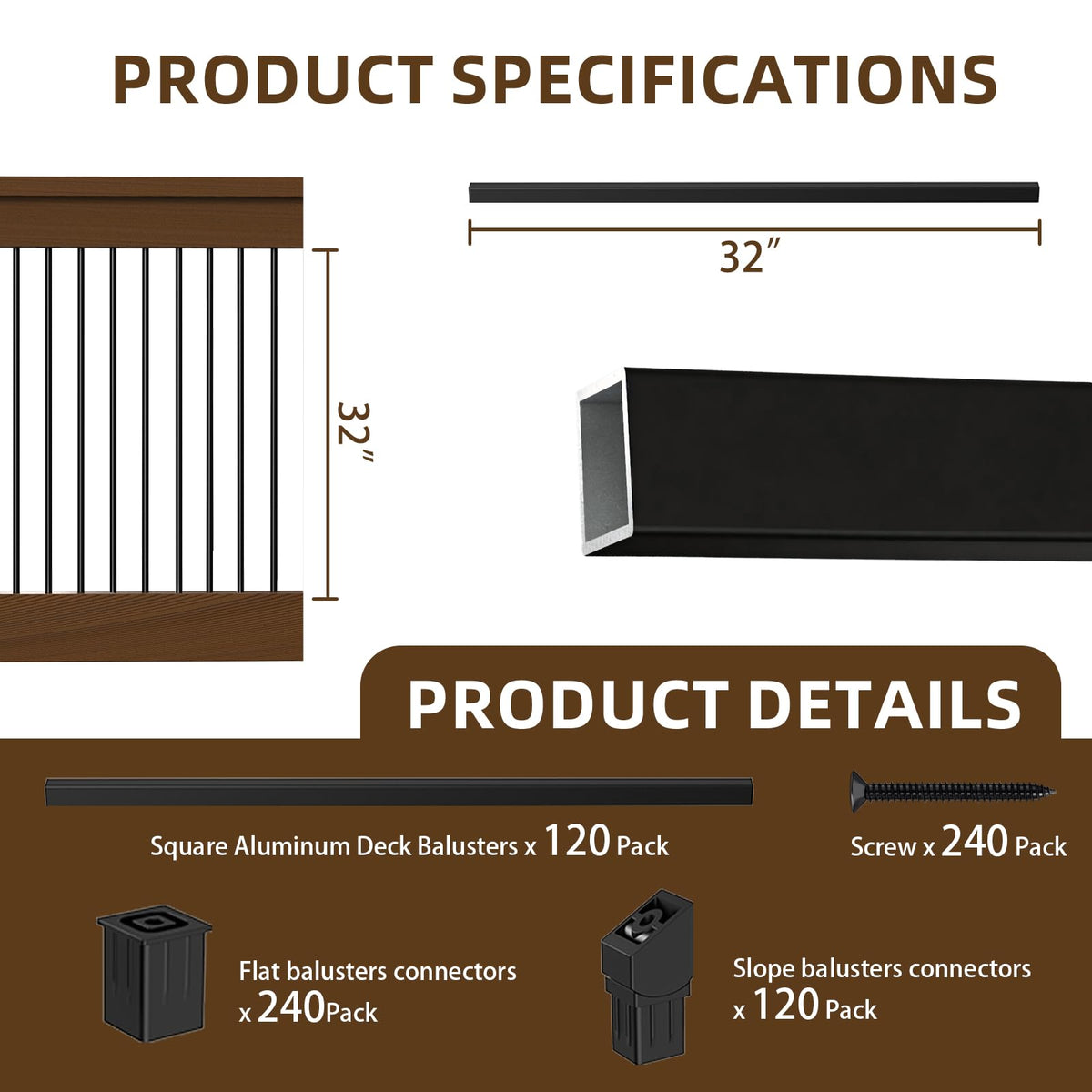32" Black Aluminum Deck Balusters 120 Pack L1937
