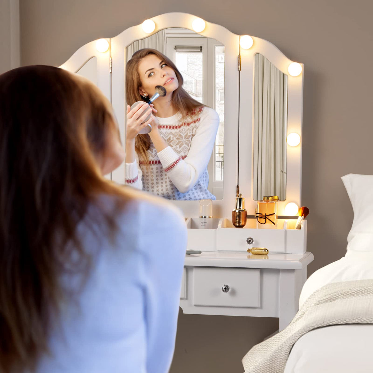 White Makeup Vanity Desk with Mirror and Chair Y686780
