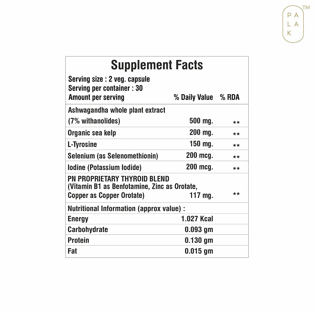 Selenium Sea Kelp L-Tyrosine Zinc Ashwagandha B1 60 Capsules O4714