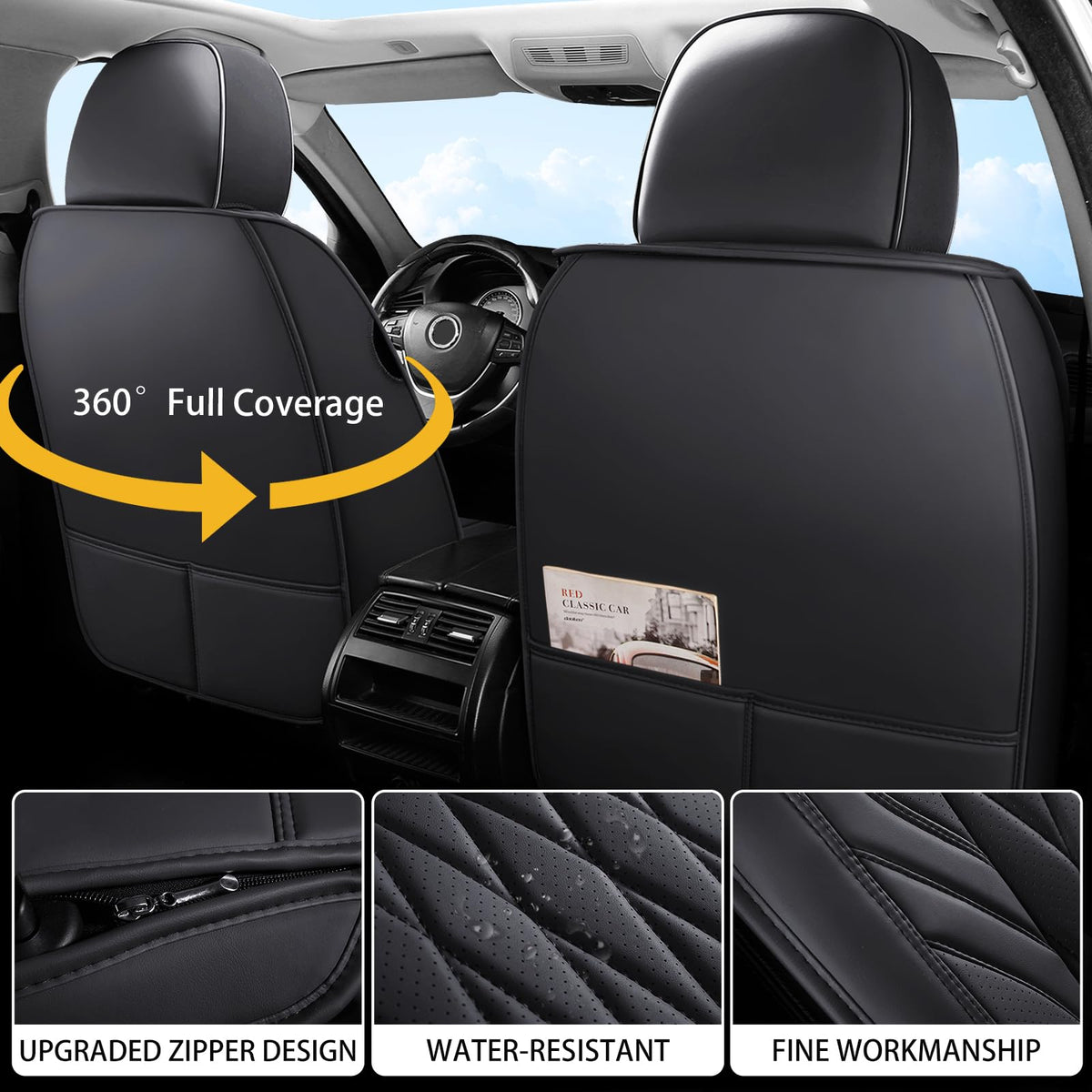 Black Faux Leather Car Seat Cover Full Set R90204