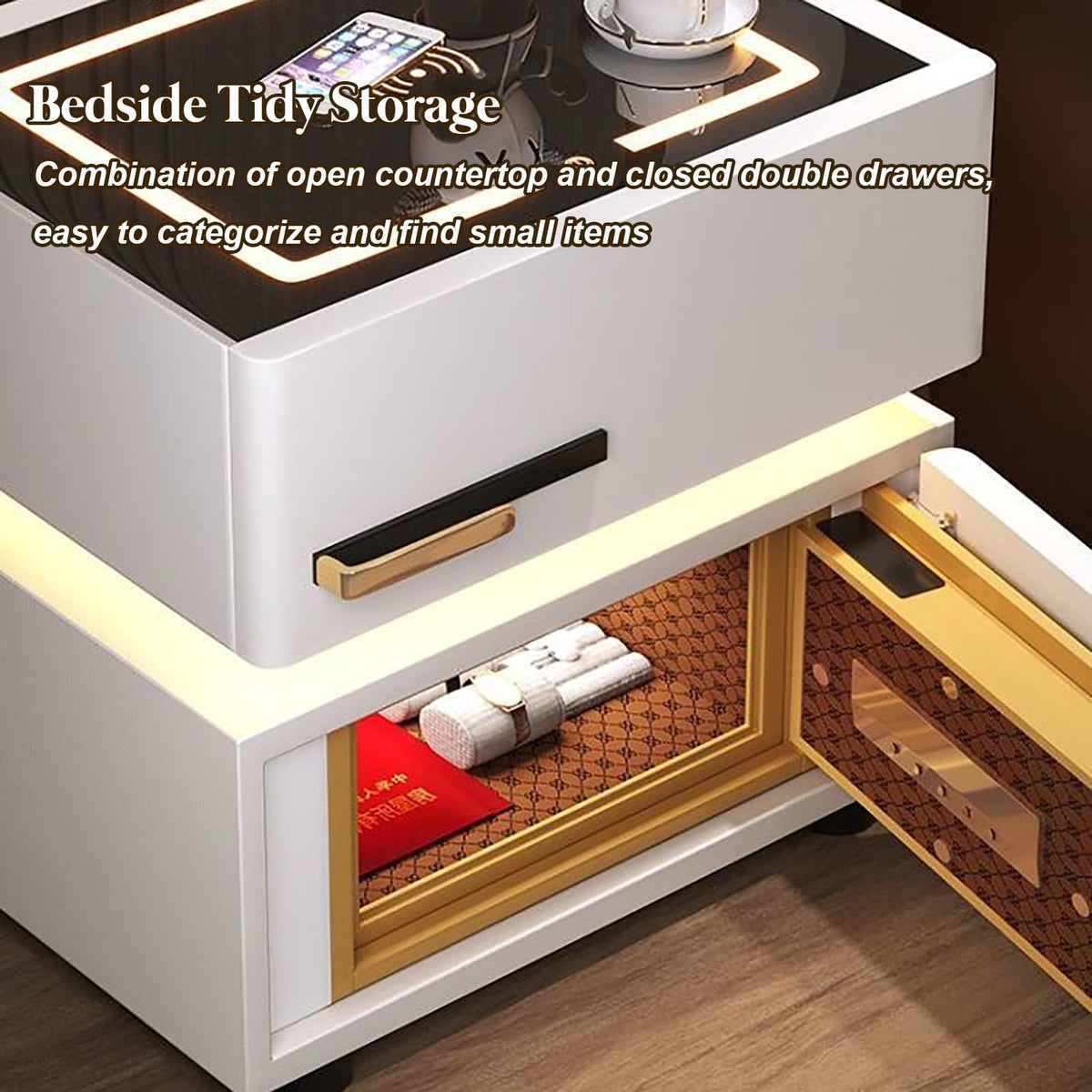 Light Gray Nightstand with Wireless Charging and Drawers W842