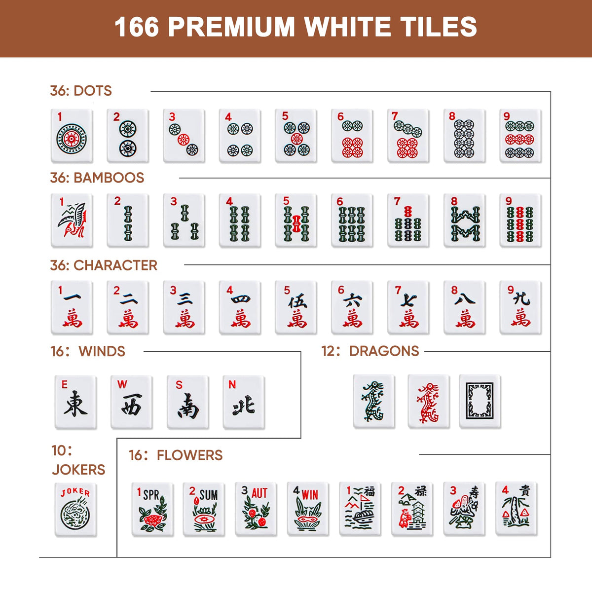 166 Tiles Mahjong Set with Racks Pushers Bag T143032