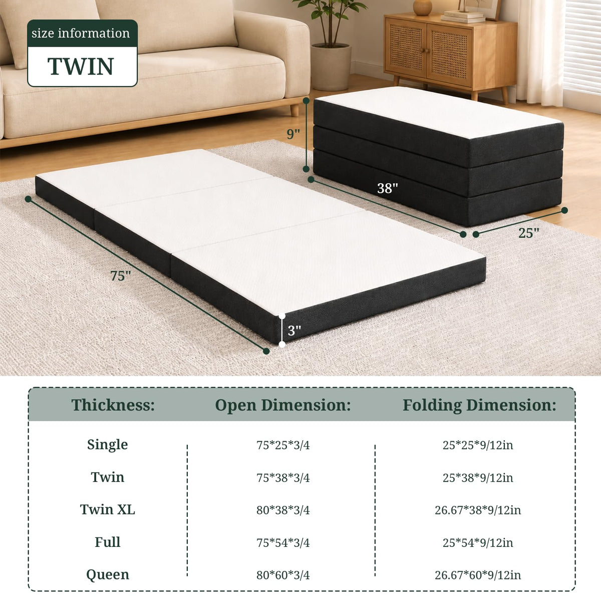 3 Inch Twin Tri-Fold Memory Foam Mattress A186479