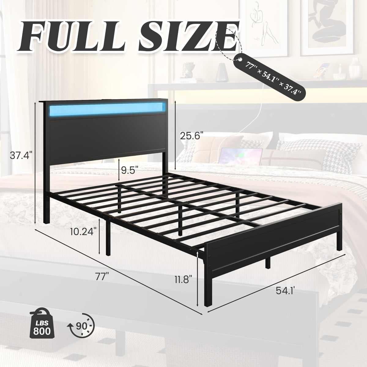 Full Bed Frame with Headboard, Footboard, Charging Station, LED Light, Storage Shelf, Black J413415
