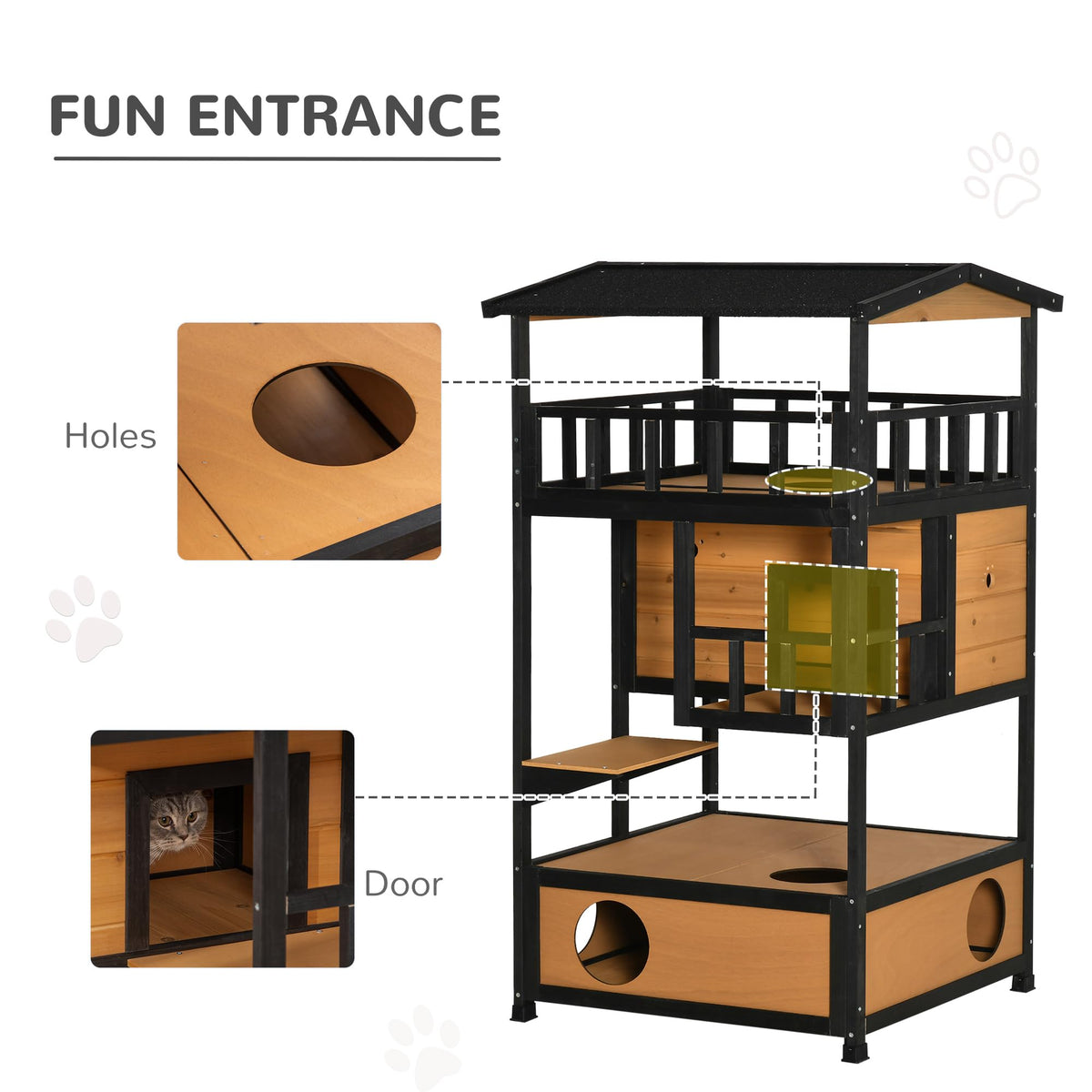 3-Story Wooden Outdoor Cat House with Raised Floor D685603