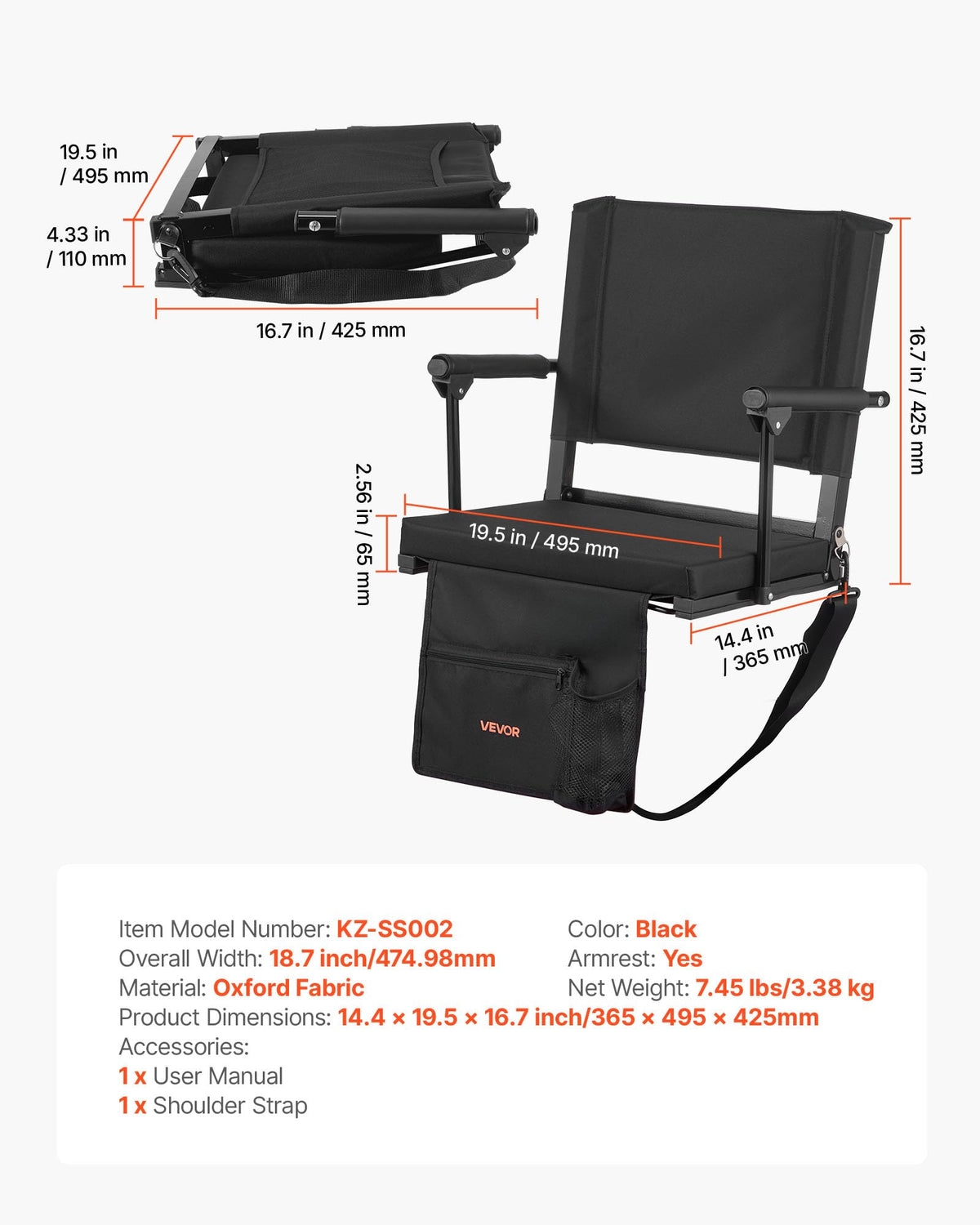 Portable Bleacher Seat with Armrest, Back Support and Cup Holder, Black D67921