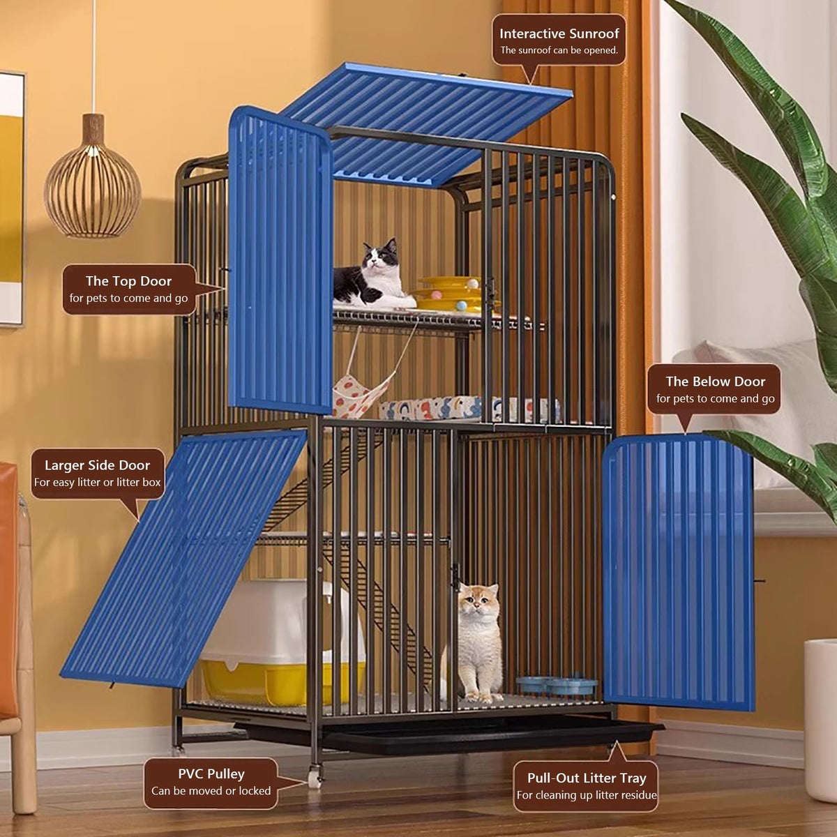 Black Metal Cat Cage with Locking Wheels X766545