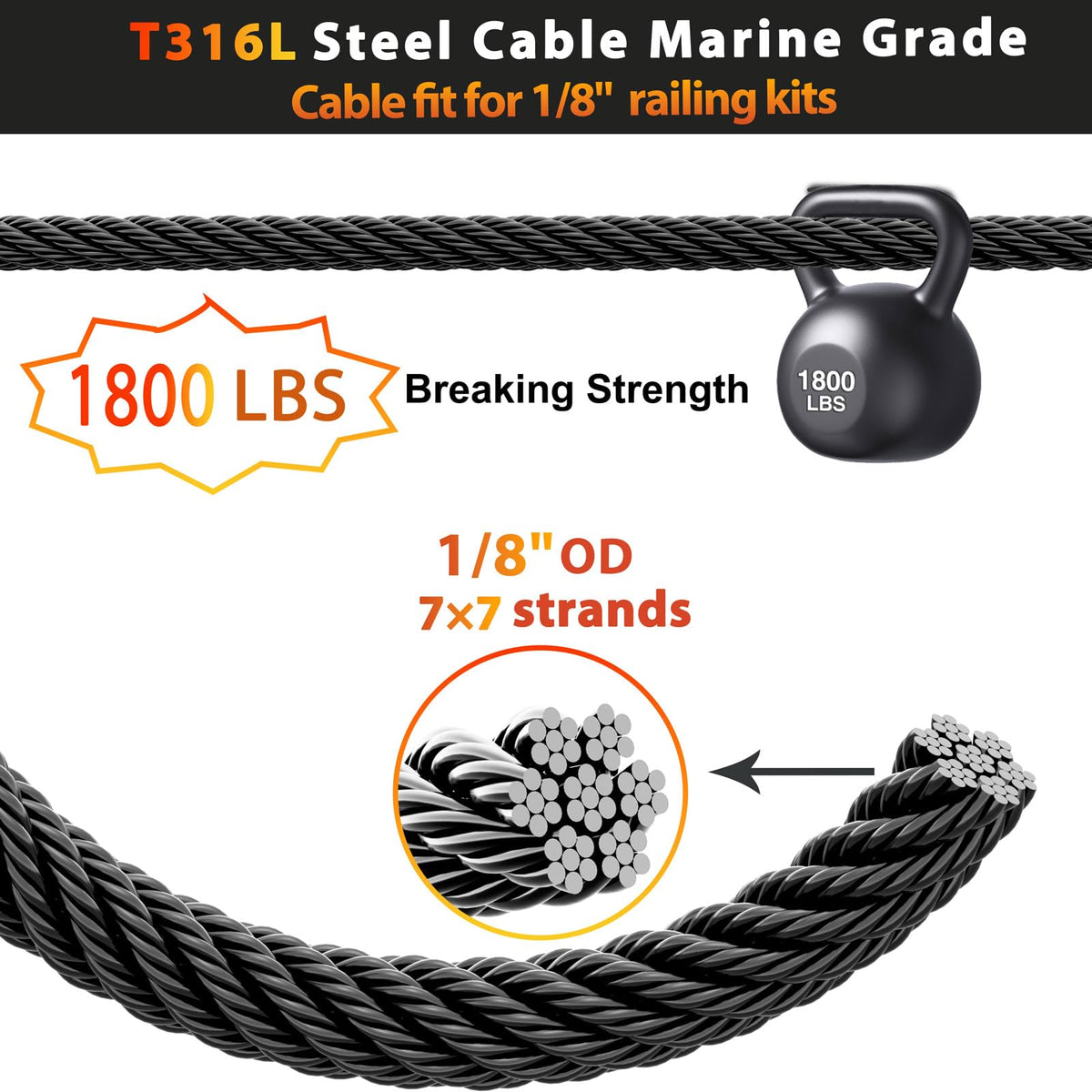 Black Stainless Steel Cable for Railing 220FT 1/8" T316 Wire Rope E20110