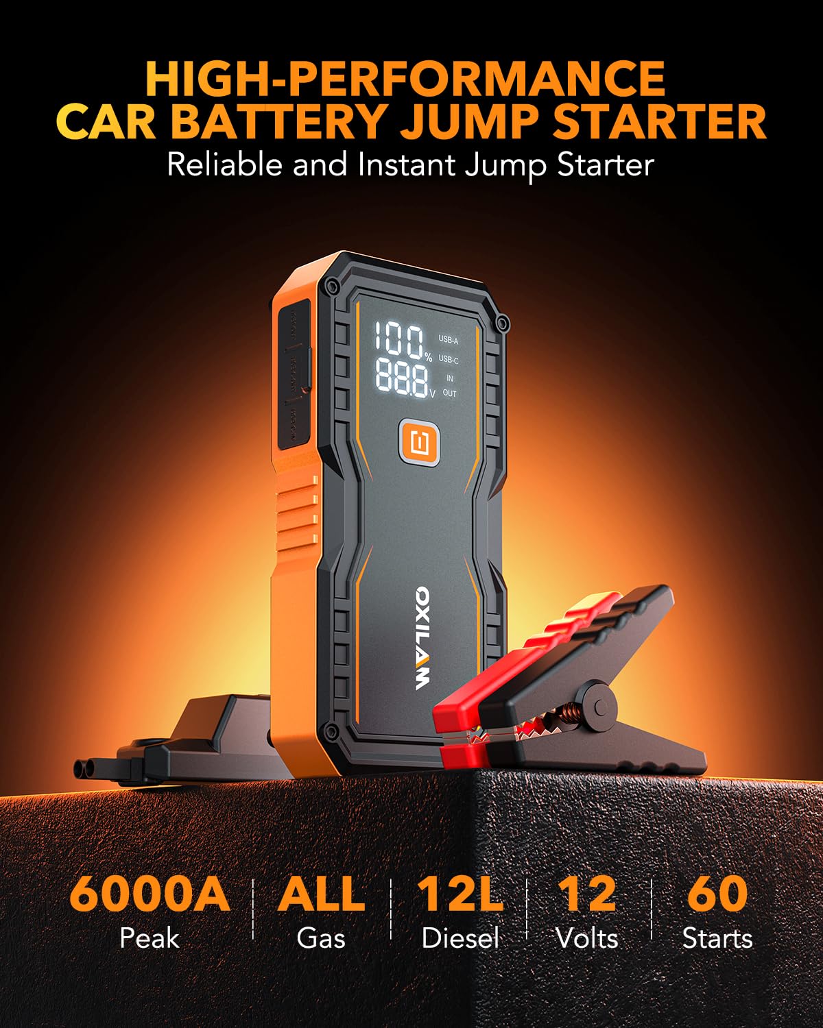 6000A Portable 12V Lithium Jump Starter with Jumper Cables Y38336