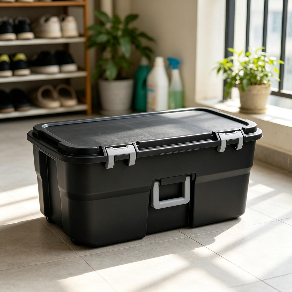 Black 22 Gallon Wheeled Plastic Storage Trunk P30451
