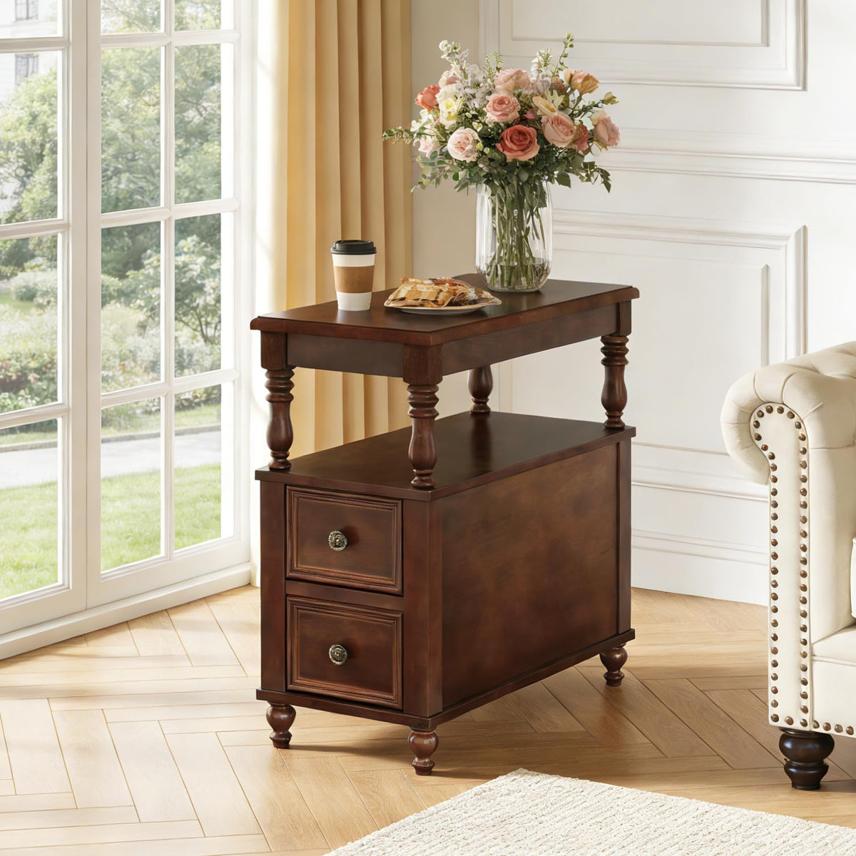 Solid Wood End Table with 2 Drawers and 2-Tier Open Shelf H641