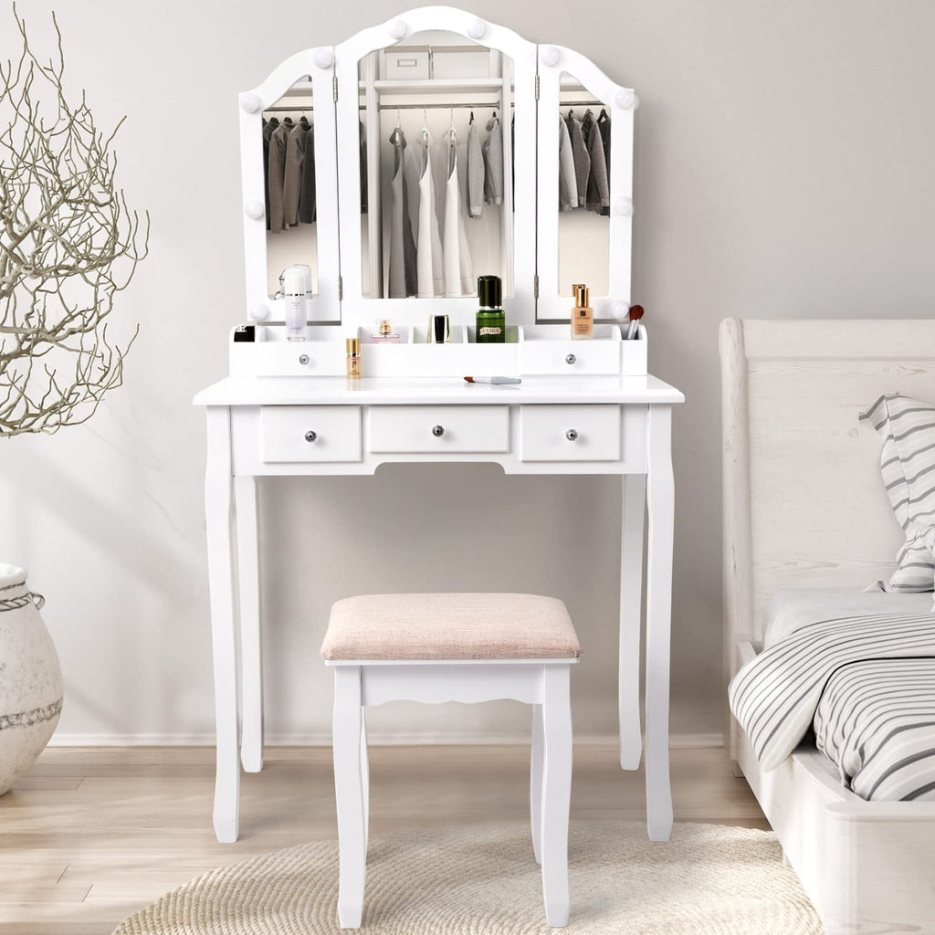 White Makeup Vanity Desk with Mirror and Chair Y686780
