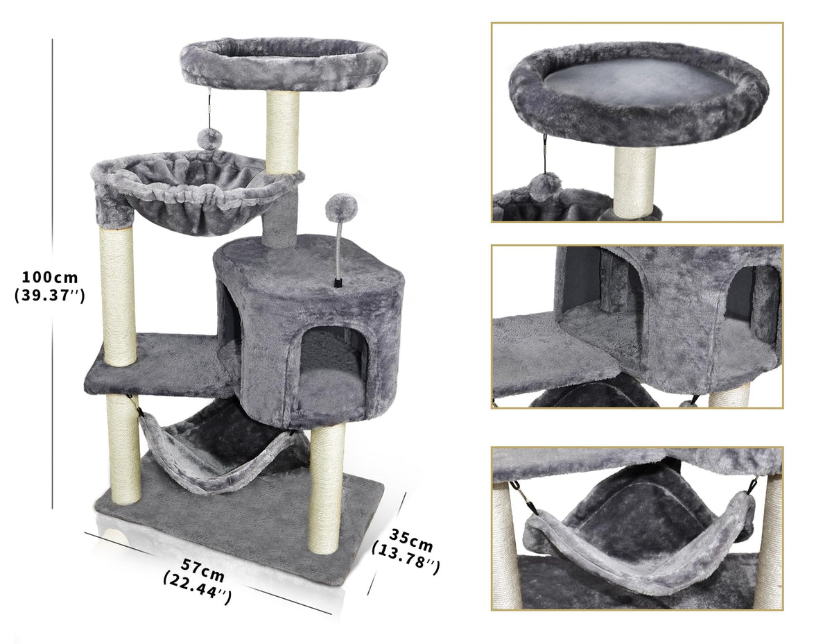 Grey Cat Tree with Cat Condo and Hammock T8810