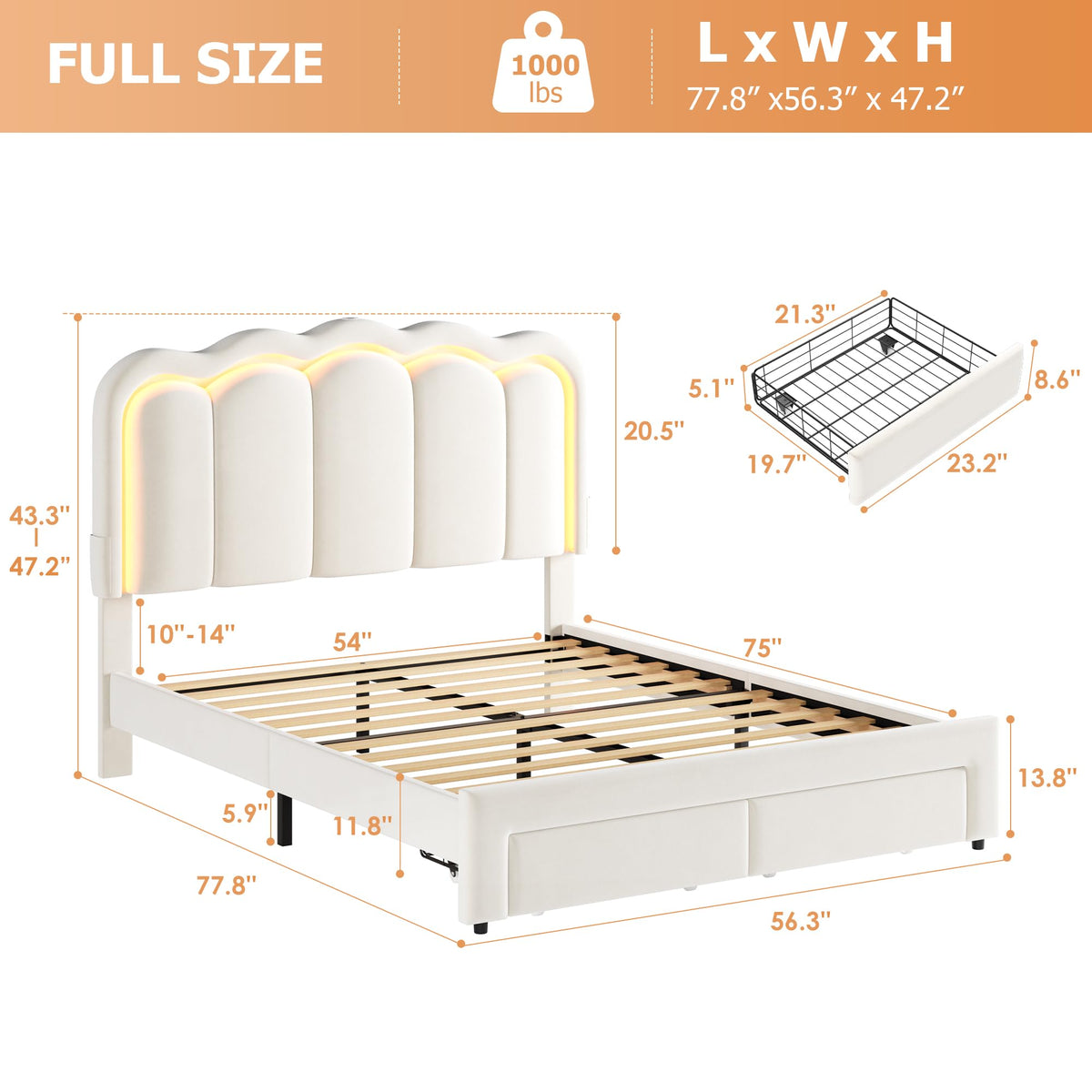 Beige Velvet Upholstered LED Bed Frame with 2 Storage Drawers T358