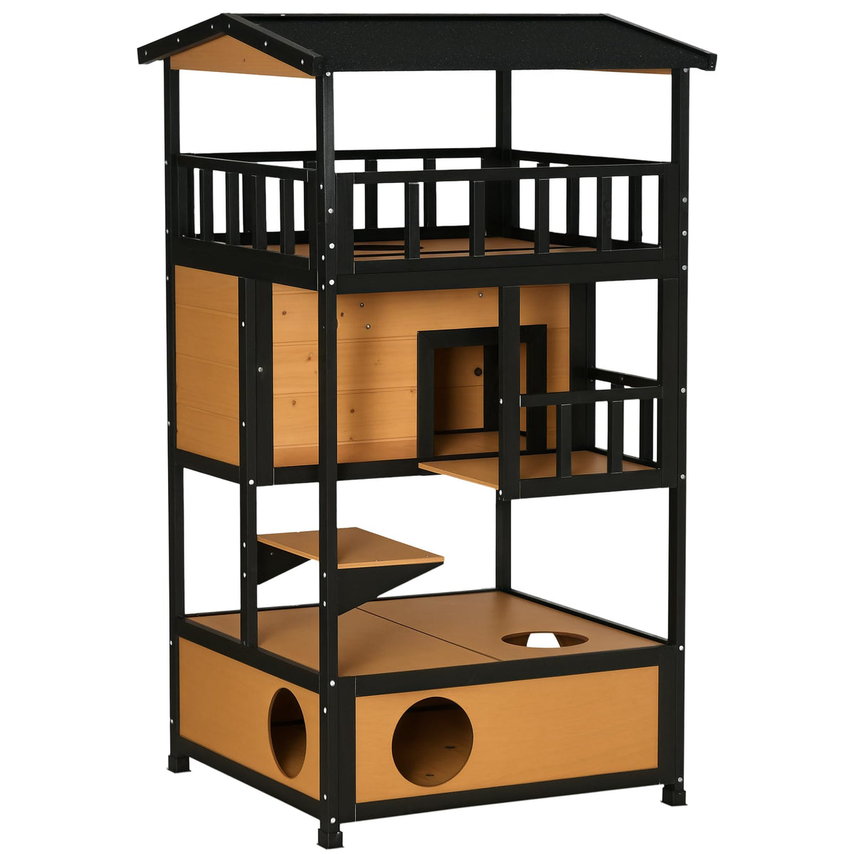 3-Story Wooden Outdoor Cat House with Raised Floor D685603