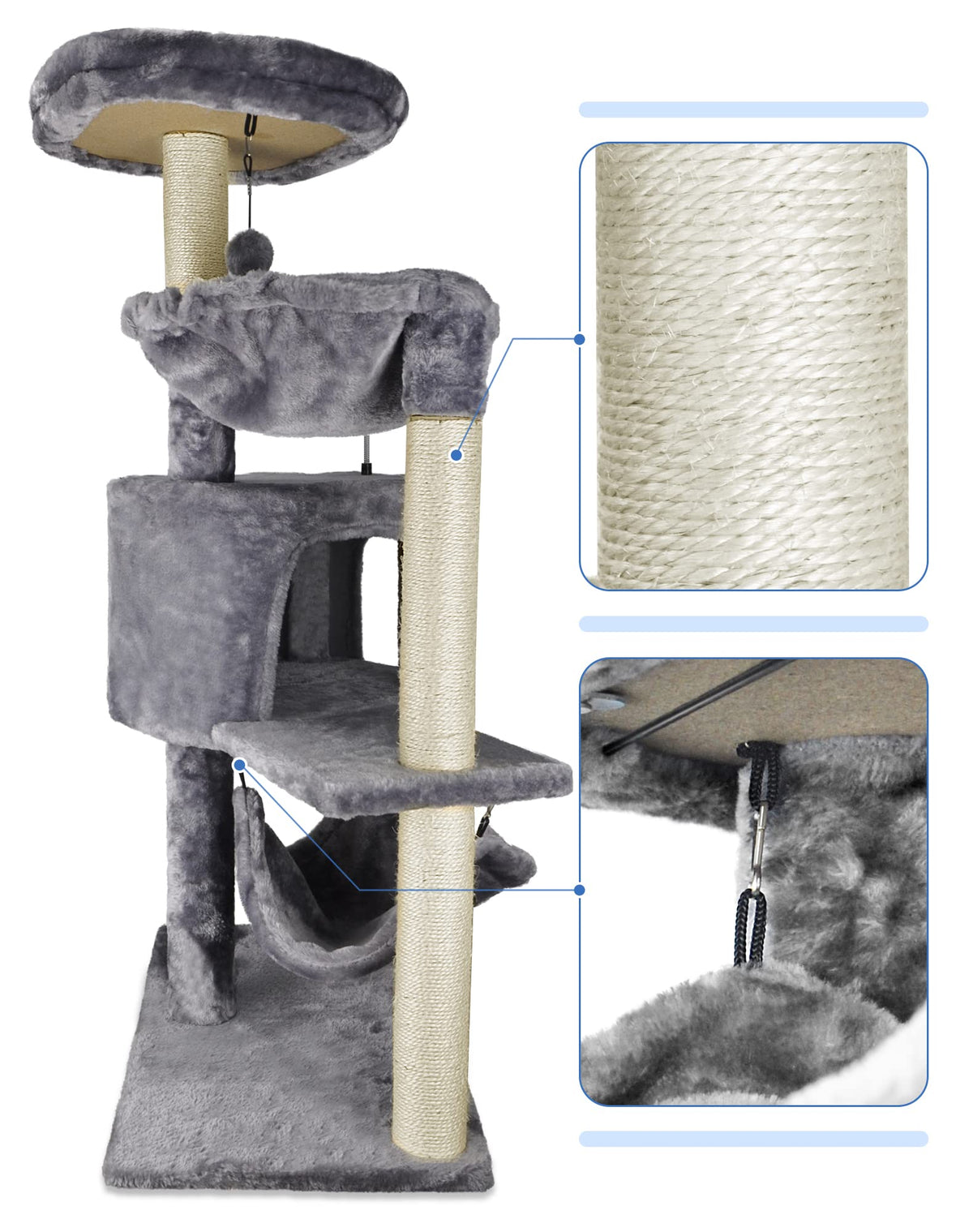 Grey Cat Tree with Cat Condo and Hammock T8810