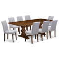 9 Piece Walnut Dining Table Set with 8 Grey Linen Chairs P5022