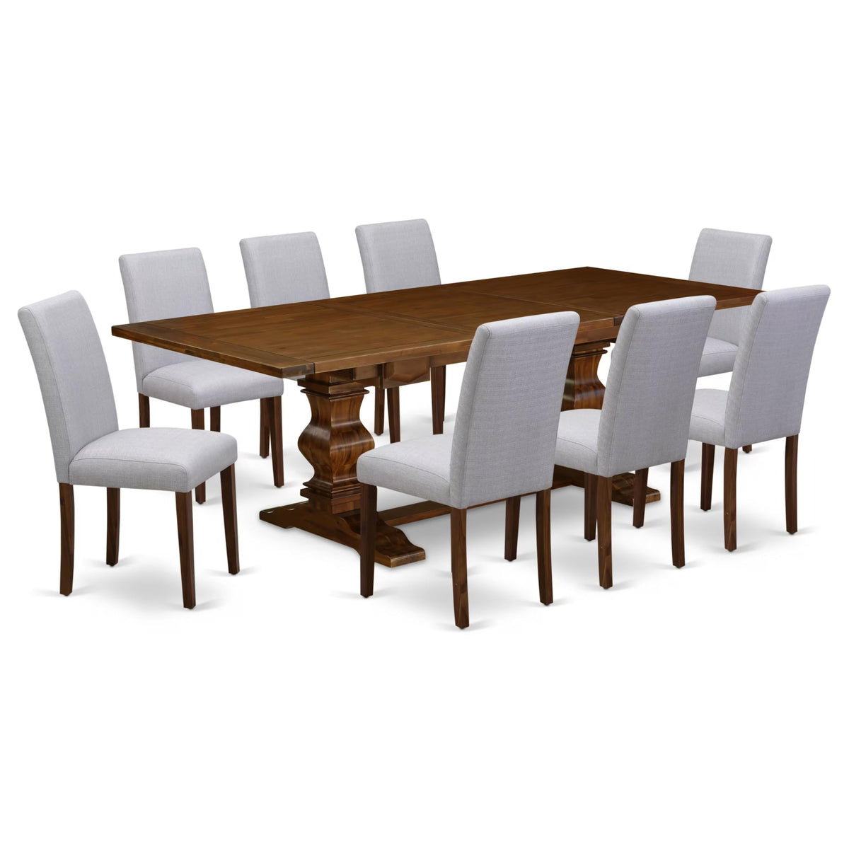 9 Piece Walnut Dining Table Set with 8 Grey Linen Chairs P5022