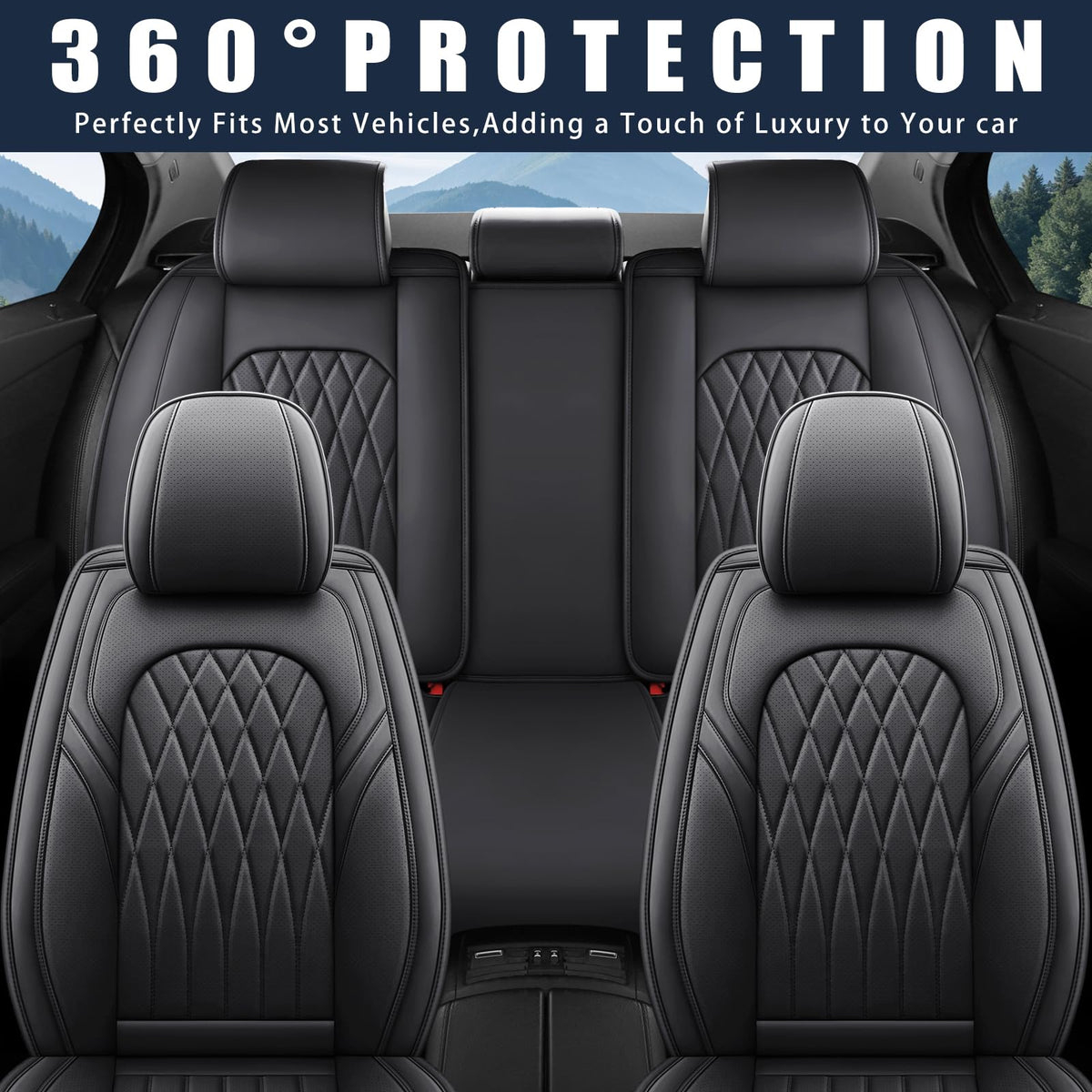 Black Faux Leather Car Seat Cover Full Set R90204