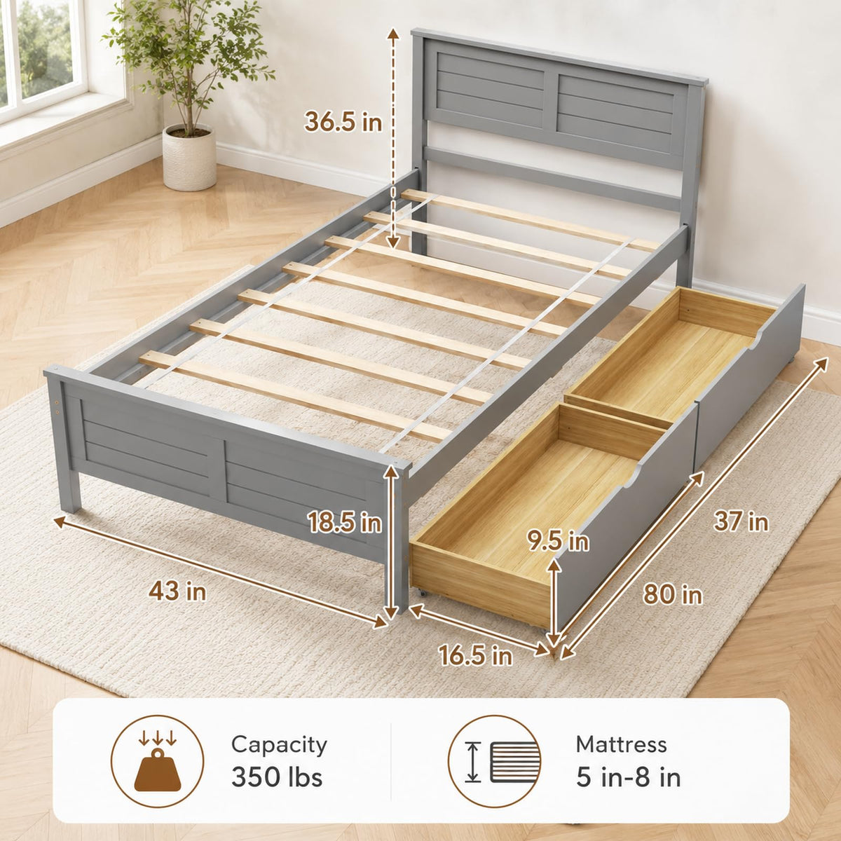 Wood Bed Frame with 2 Drawers & Headboard I8419