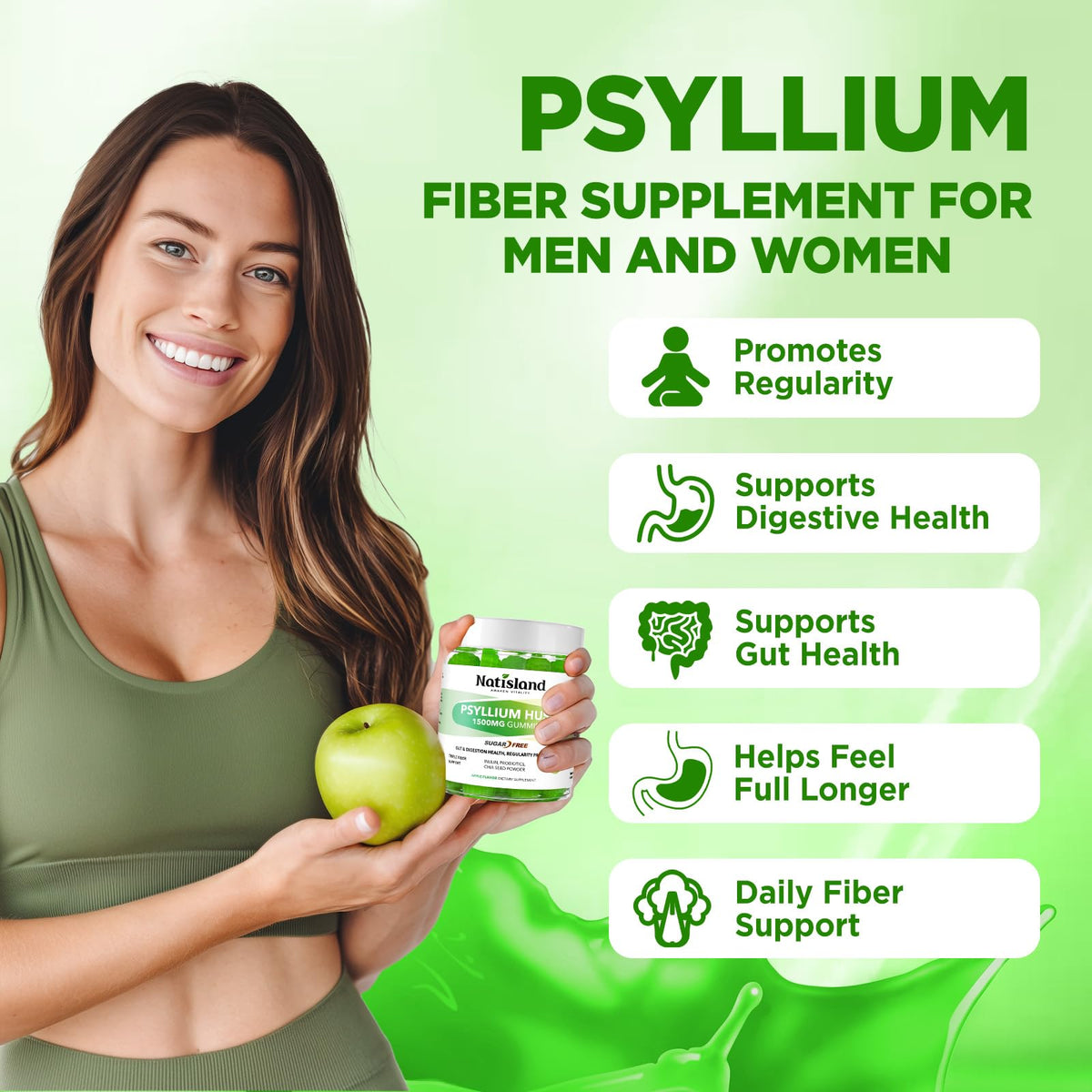 1500mg Psyllium Husk Fiber Gummies with Probiotics, Inulin, Chia Seed, Sugar Free, 60 Chewable E848957