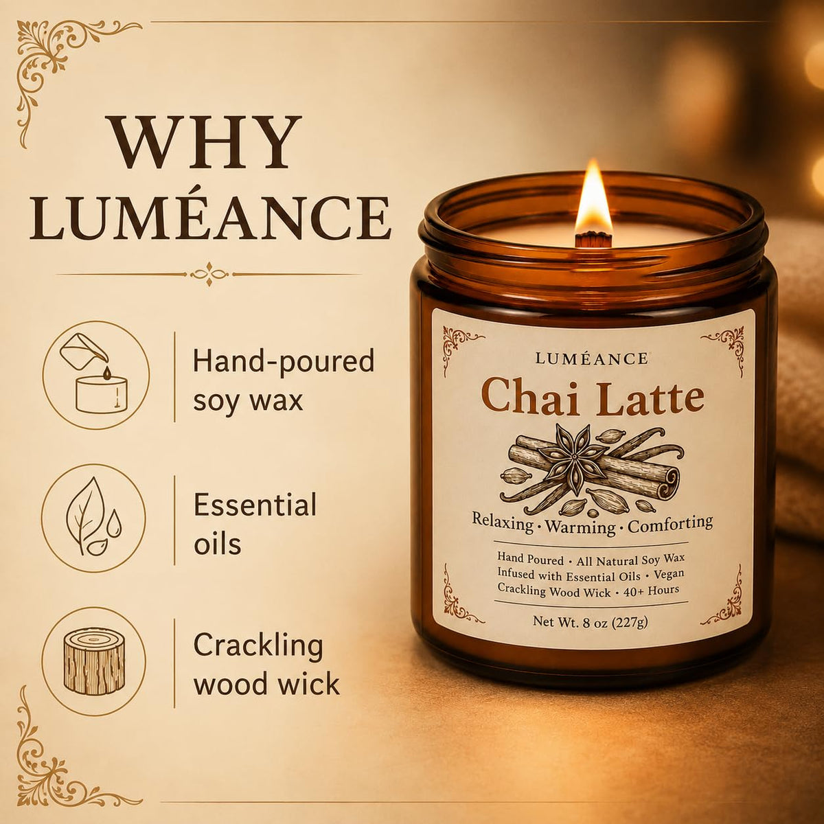 Chai Latte Scented Candle, 8 oz, Soy Wax, Crackling Wood Wick R604685