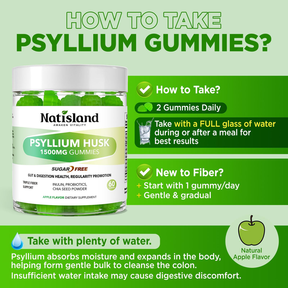 1500mg Psyllium Husk Fiber Gummies with Probiotics, Inulin, Chia Seed, Sugar Free, 60 Chewable E848957