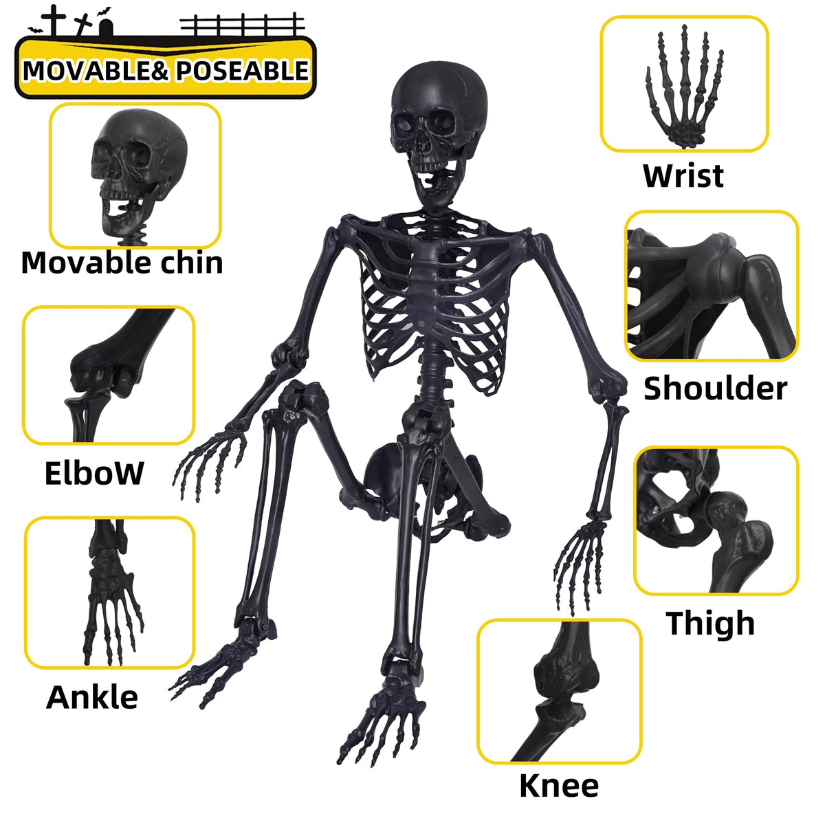 5.4Ft Posable Skeleton with Movable Joints and 2PC Black Feathered Crows S544308