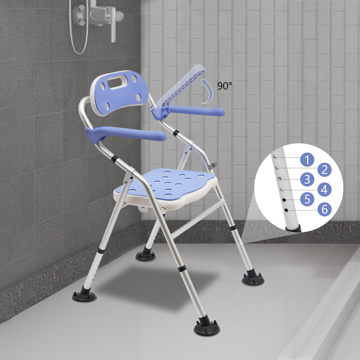 Folding Shower Seat with Arms and Back, Height Adjustable Non-Slip Bath Bench, 330lbs Capacity, Blue H2073