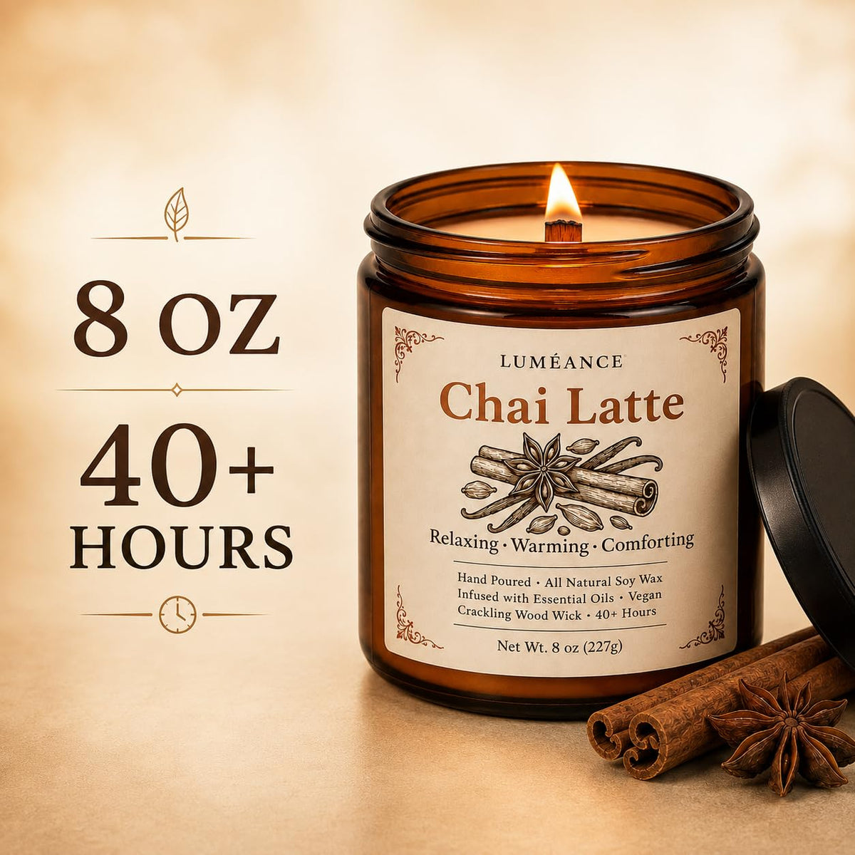 Chai Latte Scented Candle, 8 oz, Soy Wax, Crackling Wood Wick R604685