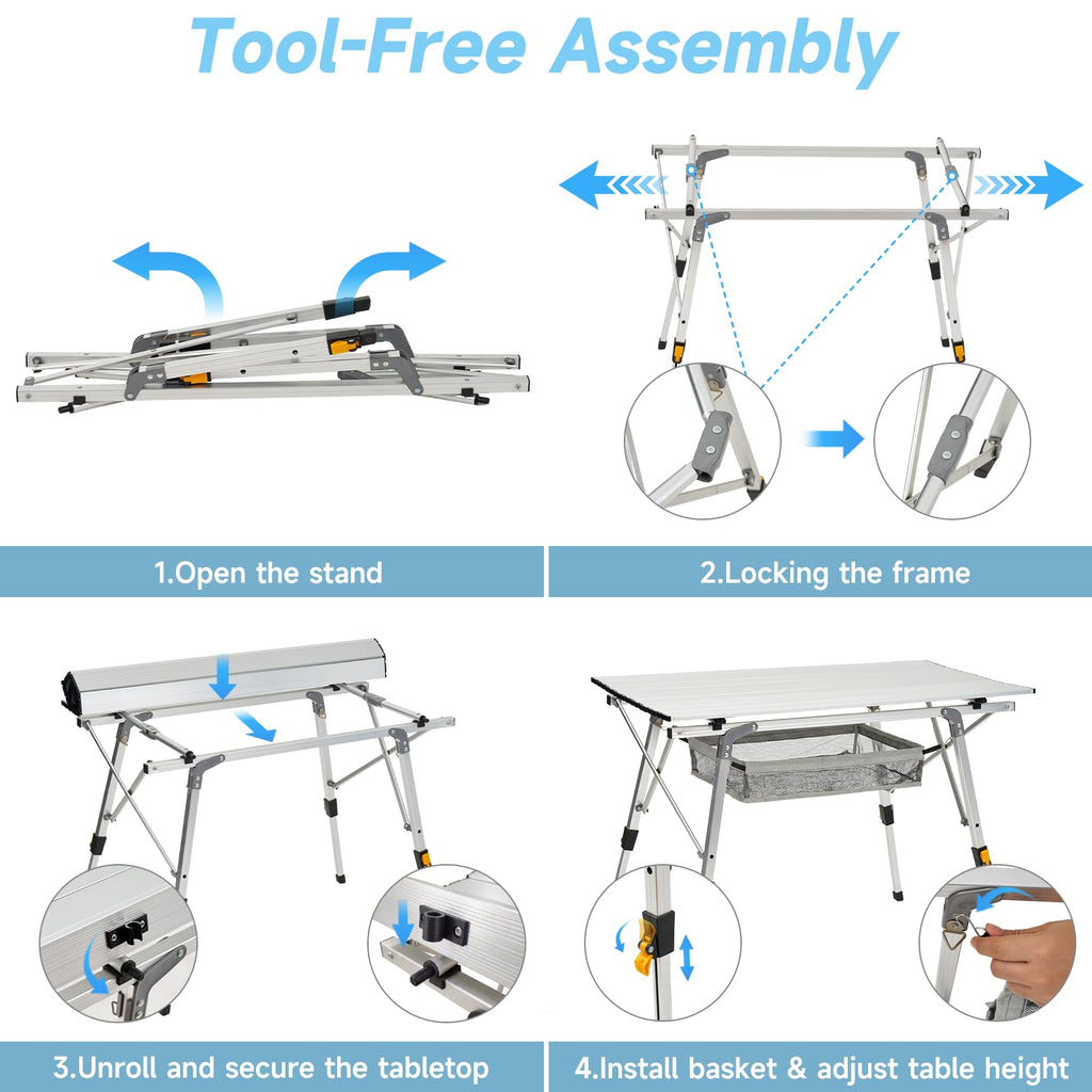 Camping Table Portable Foldable with Adjustable Legs & Storage Layer O557