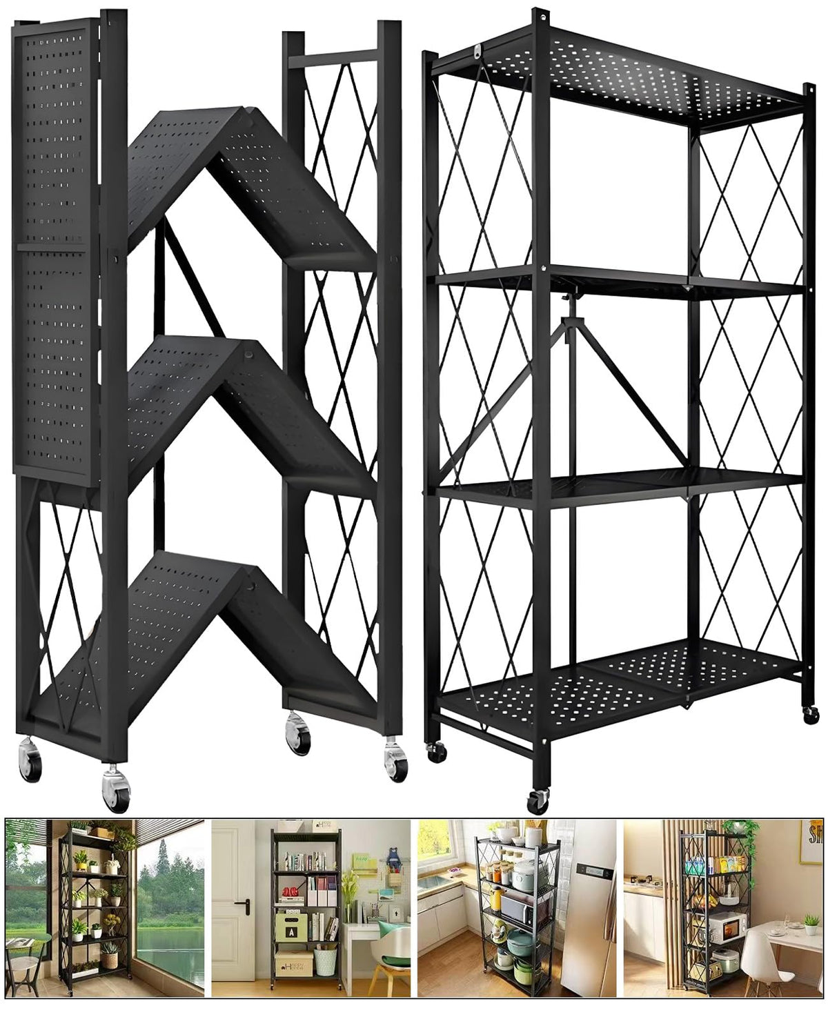 Metal Shelves, 4-Tier Foldable Shelving Unit with Wheels N751