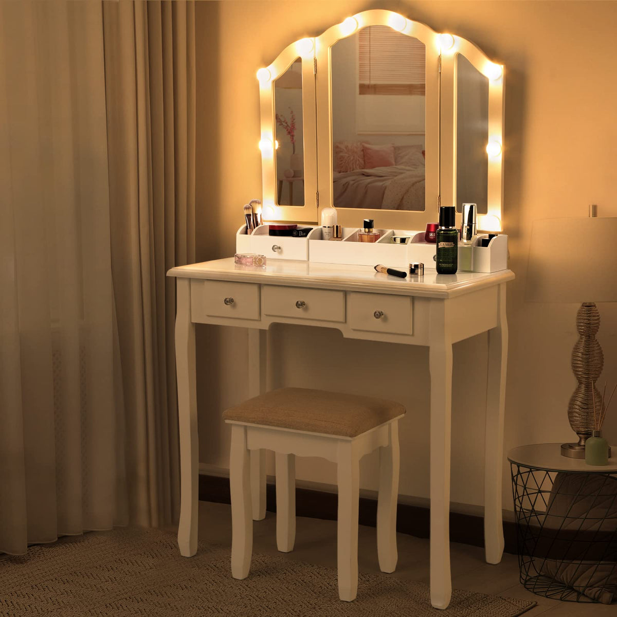 White Makeup Vanity Desk with Mirror and Chair Y686780