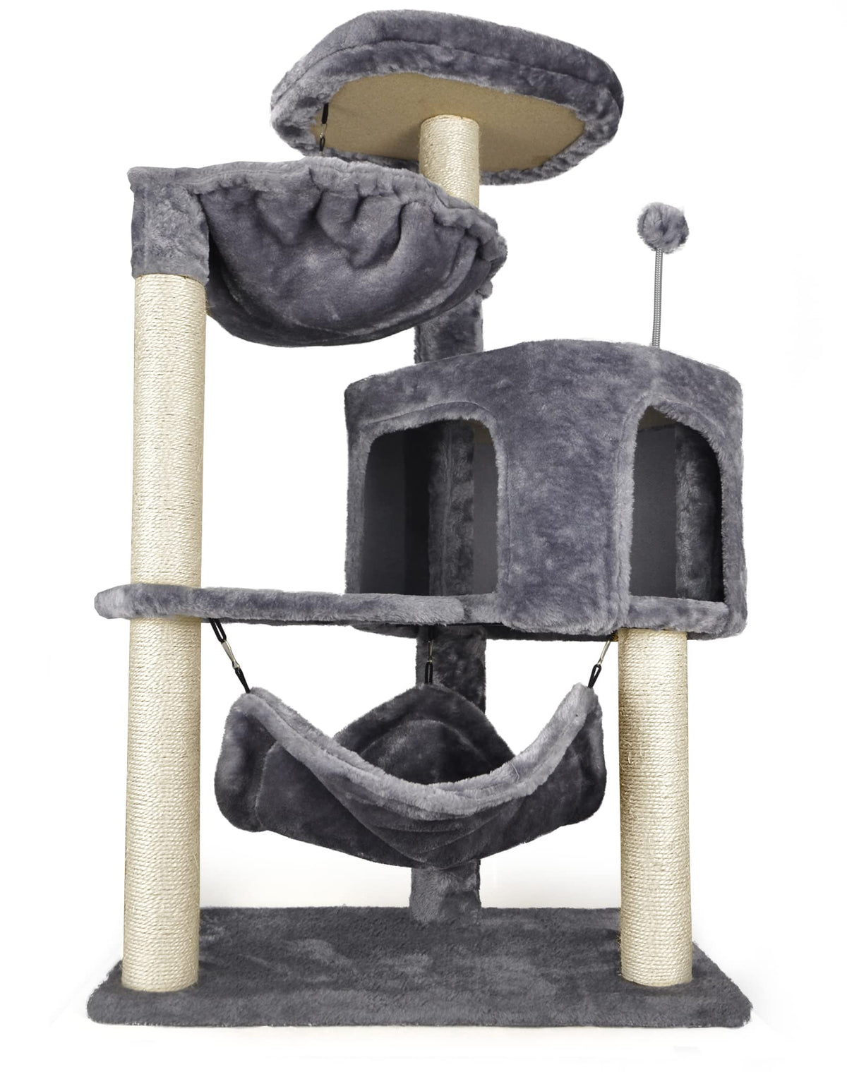 Grey Cat Tree with Cat Condo and Hammock T8810