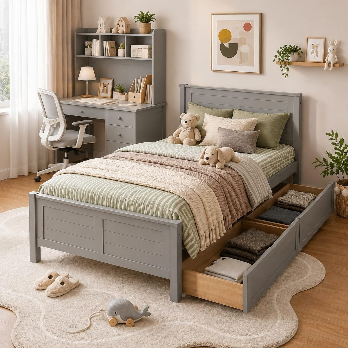 Wood Bed Frame with 2 Drawers & Headboard I8419