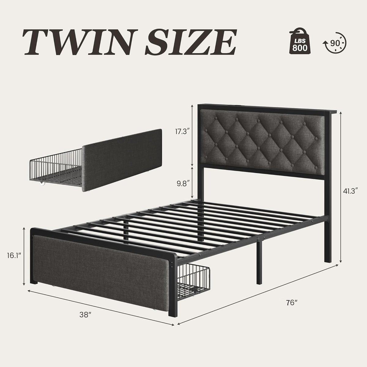 Grey Twin Bed Frame with Storage Drawer Y67382