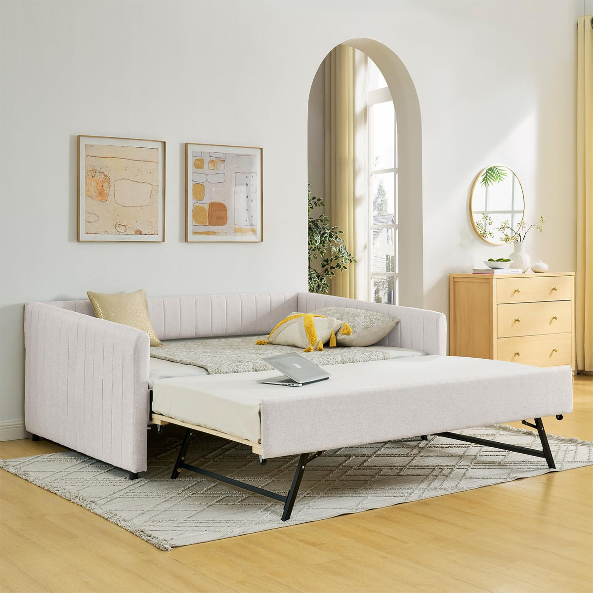Linen Fabric Upholstered Full Size Daybed with Twin Trundle L902933