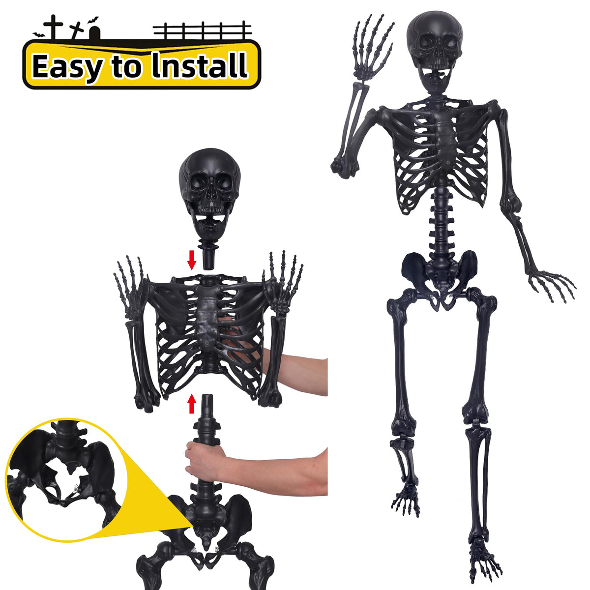 5.4Ft Posable Skeleton with Movable Joints and 2PC Black Feathered Crows S544308
