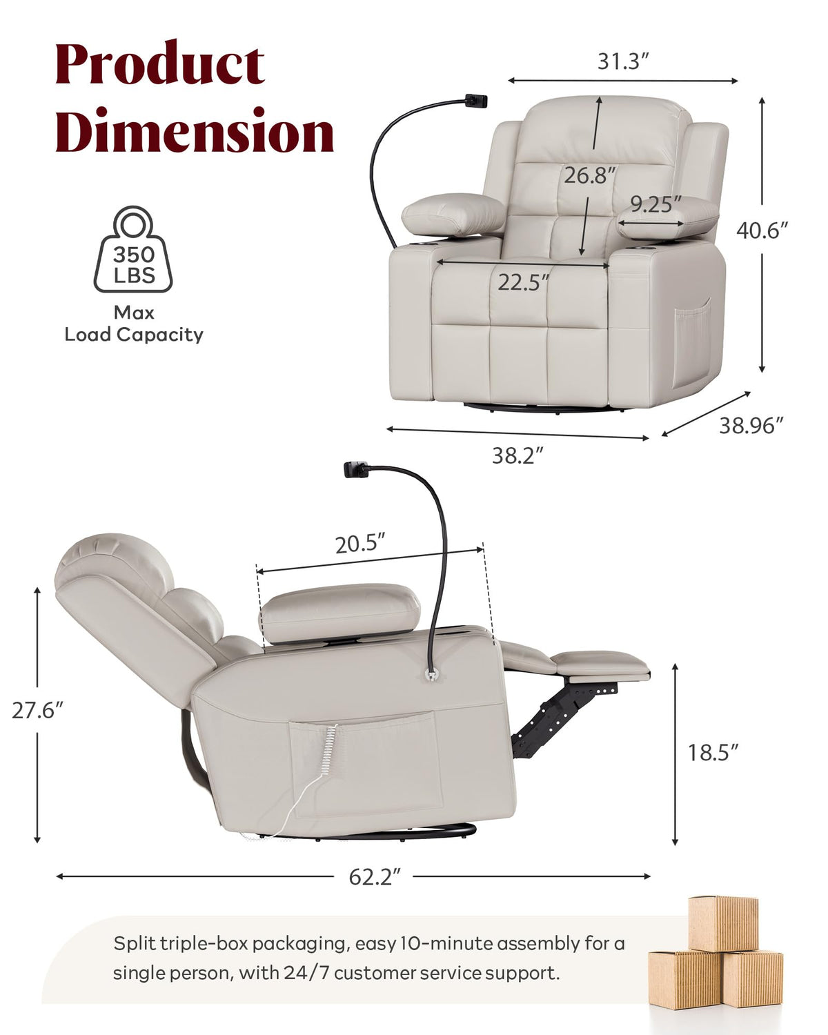 Power Swivel Recliner Chair with Motorized Adjustable Armrests Q343286