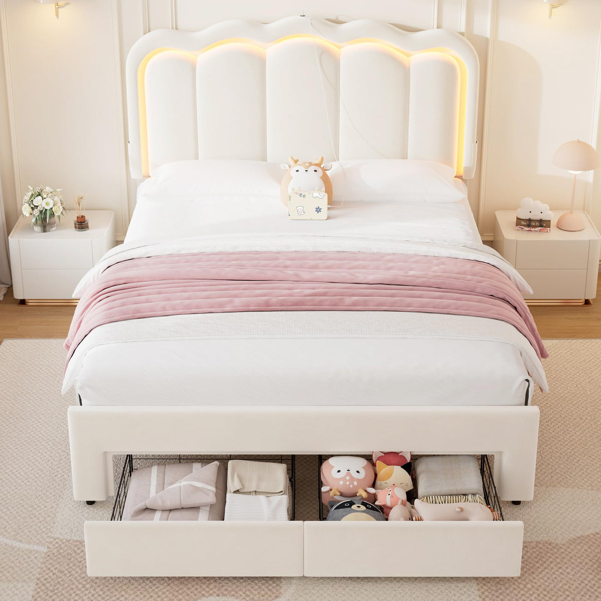 Beige Velvet Upholstered LED Bed Frame with 2 Storage Drawers T358