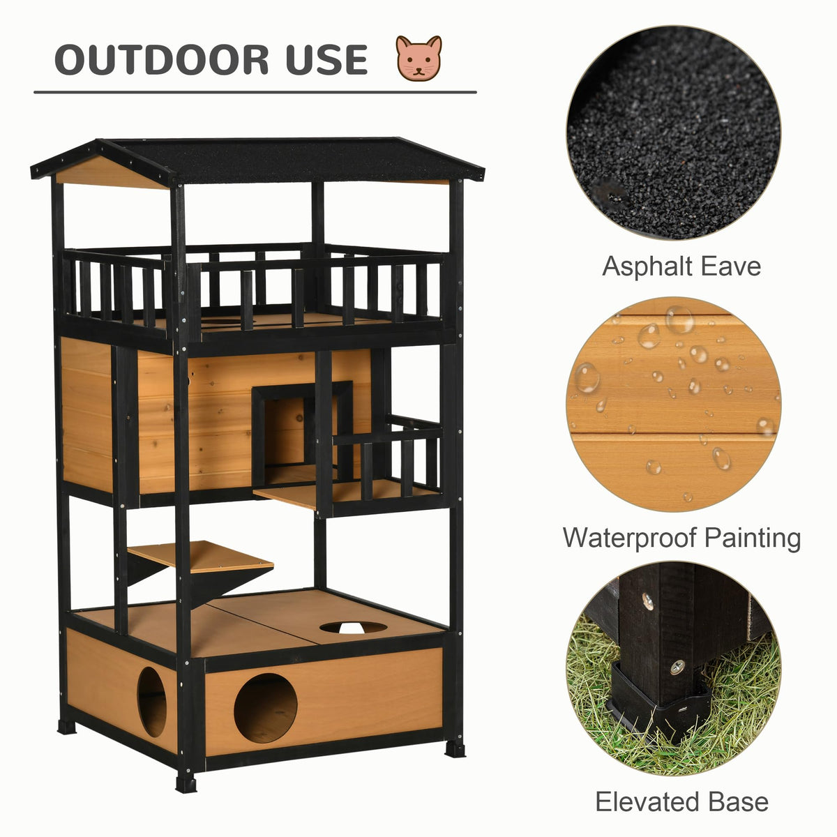 3-Story Wooden Outdoor Cat House with Raised Floor D685603